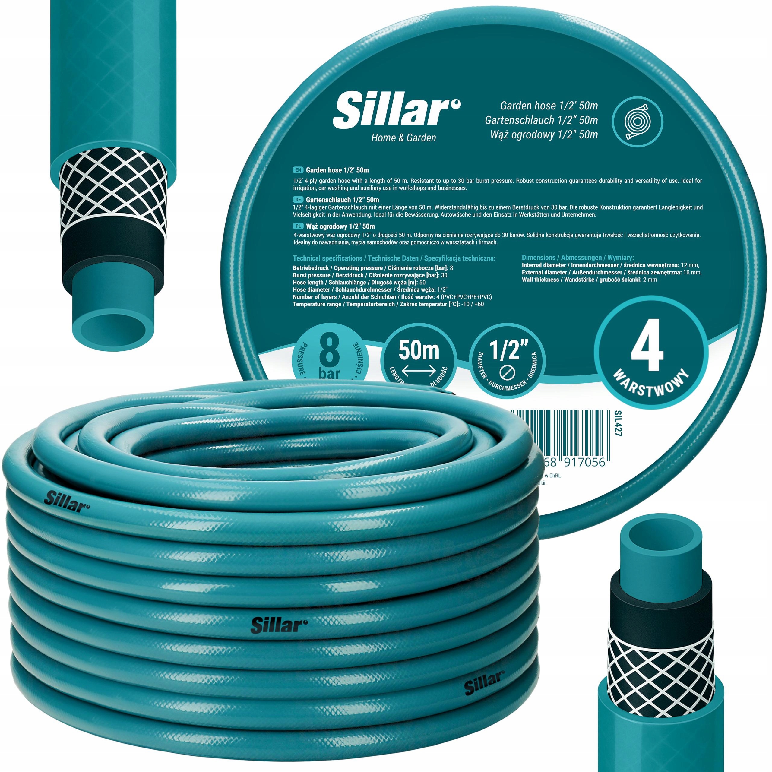 Wąż ogrodowy Sillar 1/2 50m gumowy zbrojony Wysokiej Jakości Uv 4-warstwowy