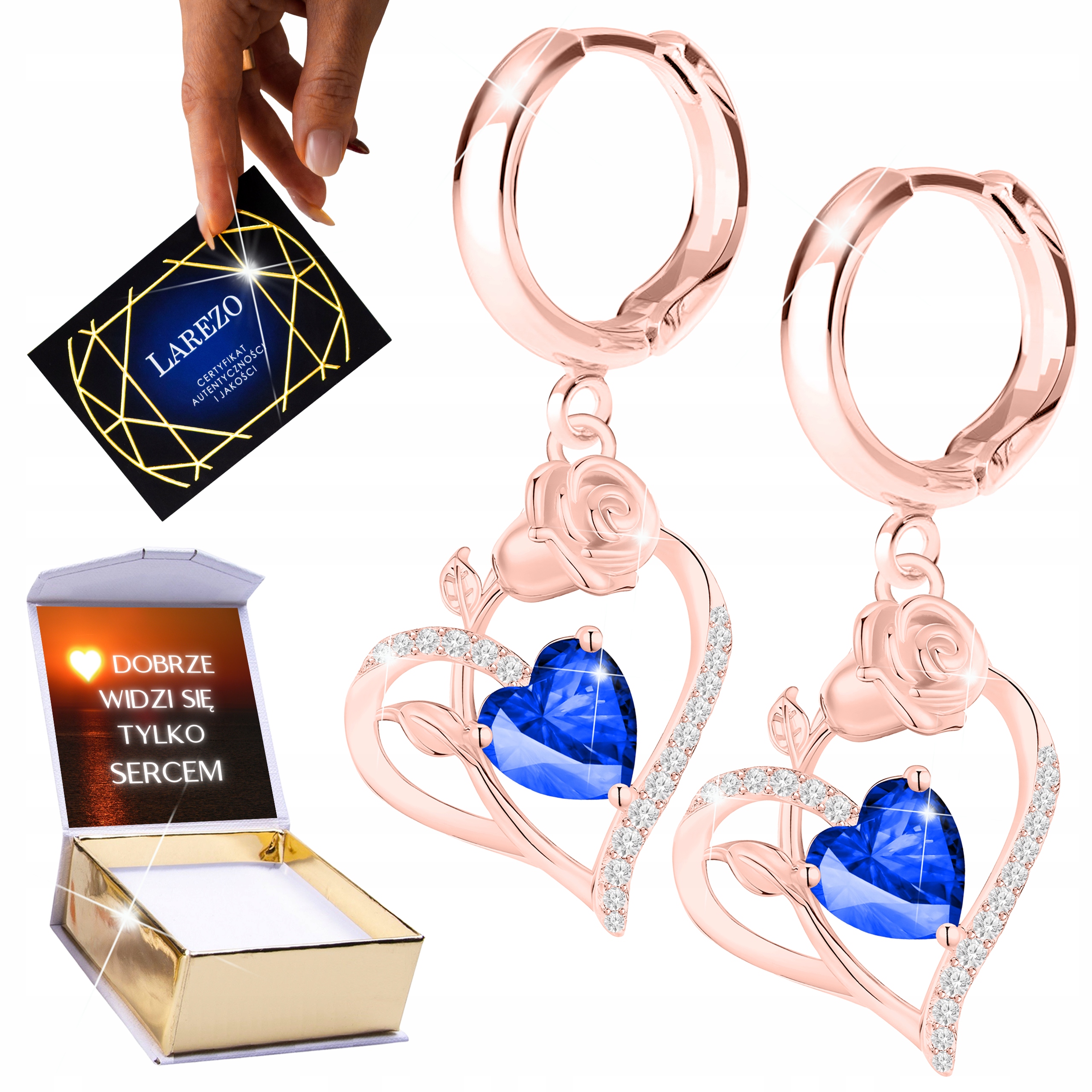 Náušnice Pozlacené 18K Modré Křišťálové Srdce Růže Potisk