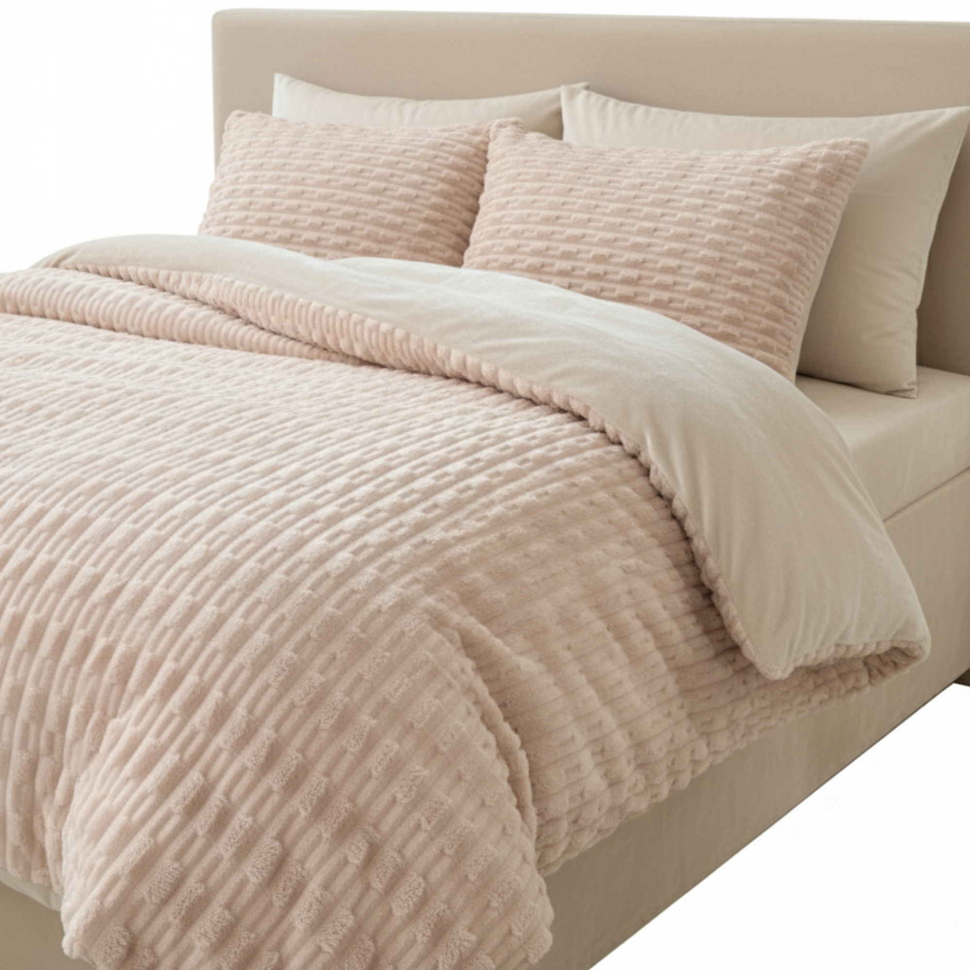 Sada Povlečení Fleecová Plyšová 160x200 2x 70x80 Béžová Teplá Měkká