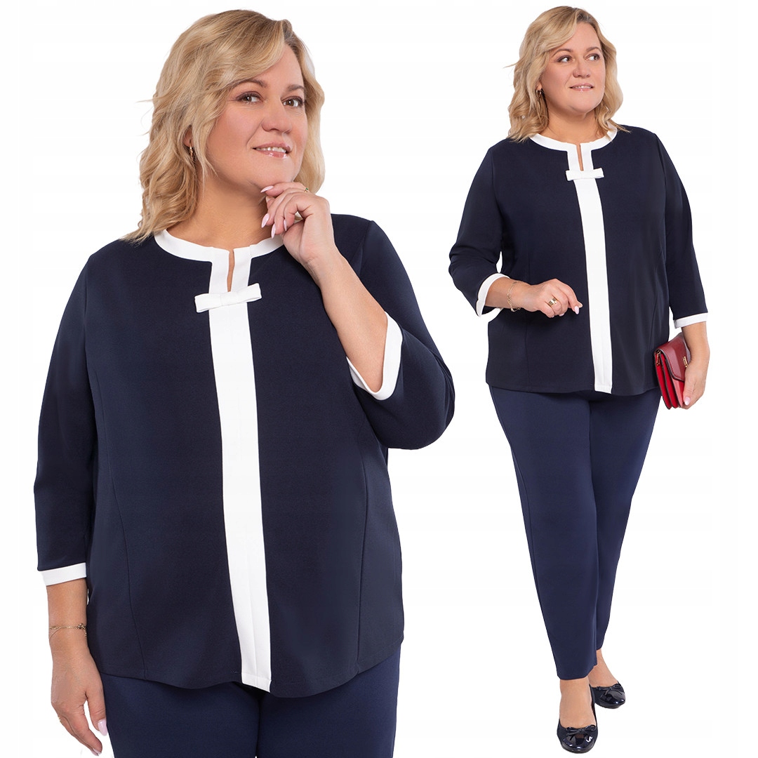 Tmavě modrá halenka s bílým lemováním a mašličkou plus size velikost 48/50
