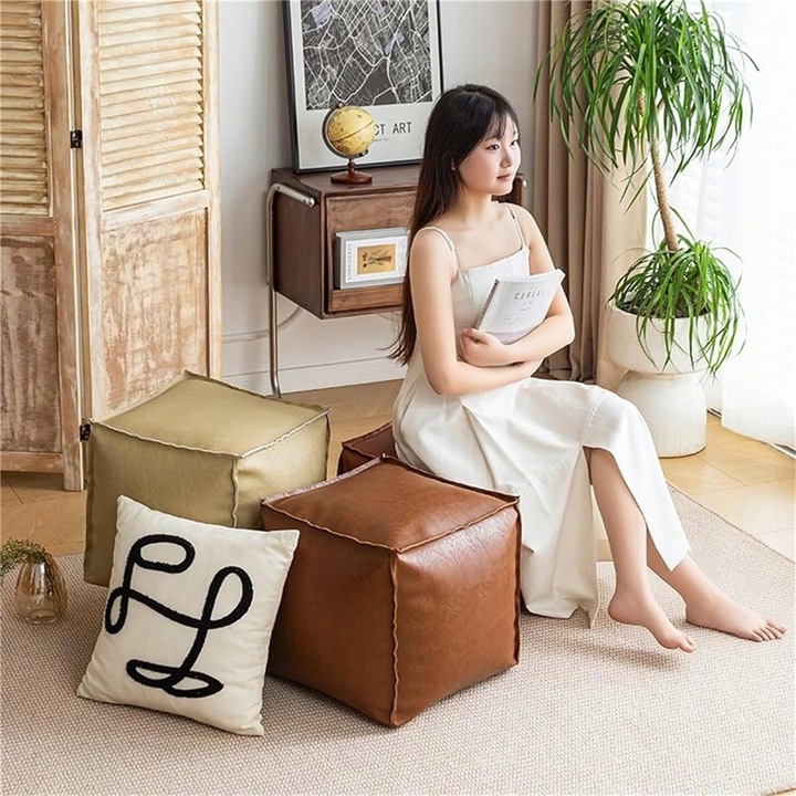 Taburet Kostka Podnožka Ekokůže Skládací Oranžová Snadná 40X40X40 CM