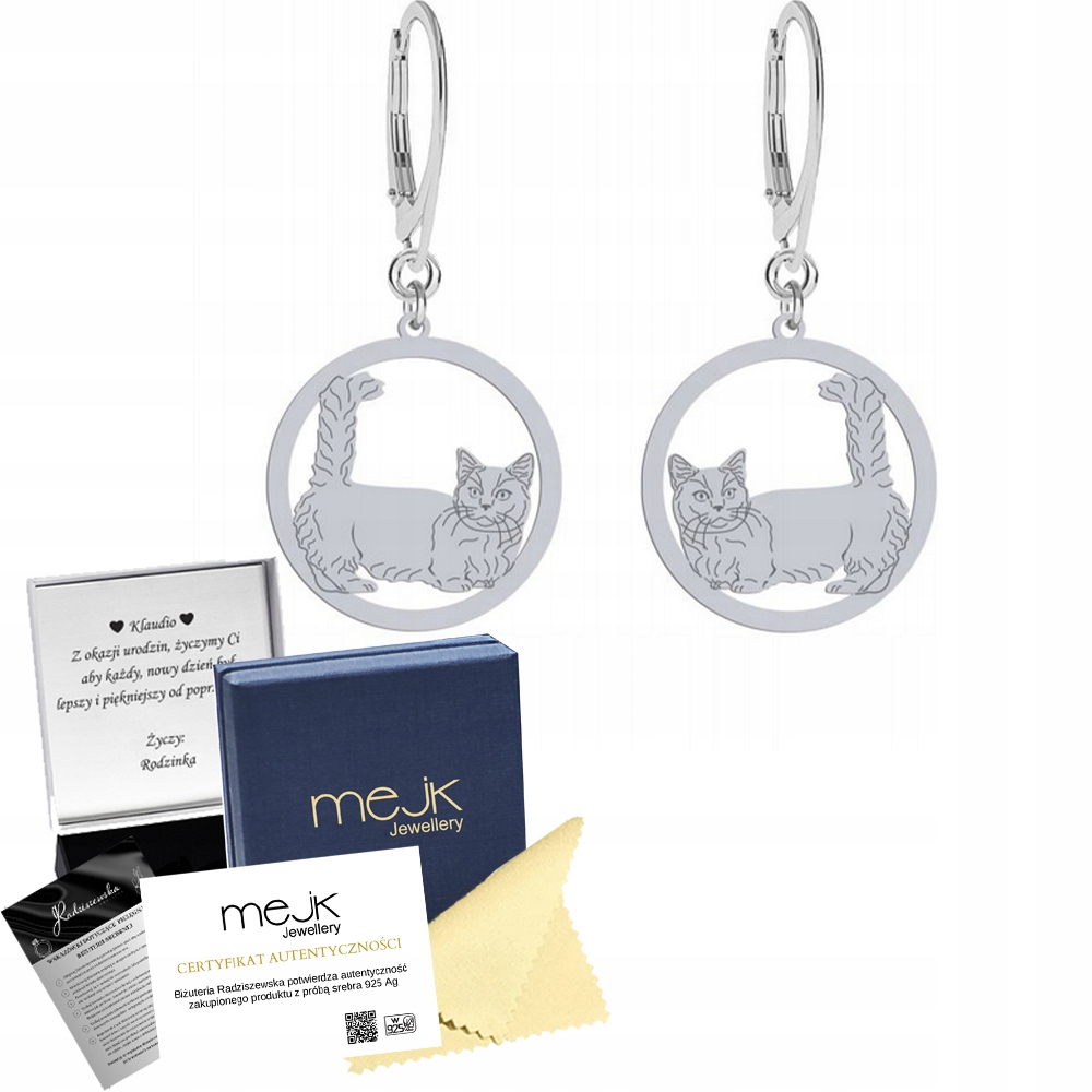 Stříbrné Náušnice Kočka Munchkin 925 Dárek Šperky Žena Gravírování Bonus