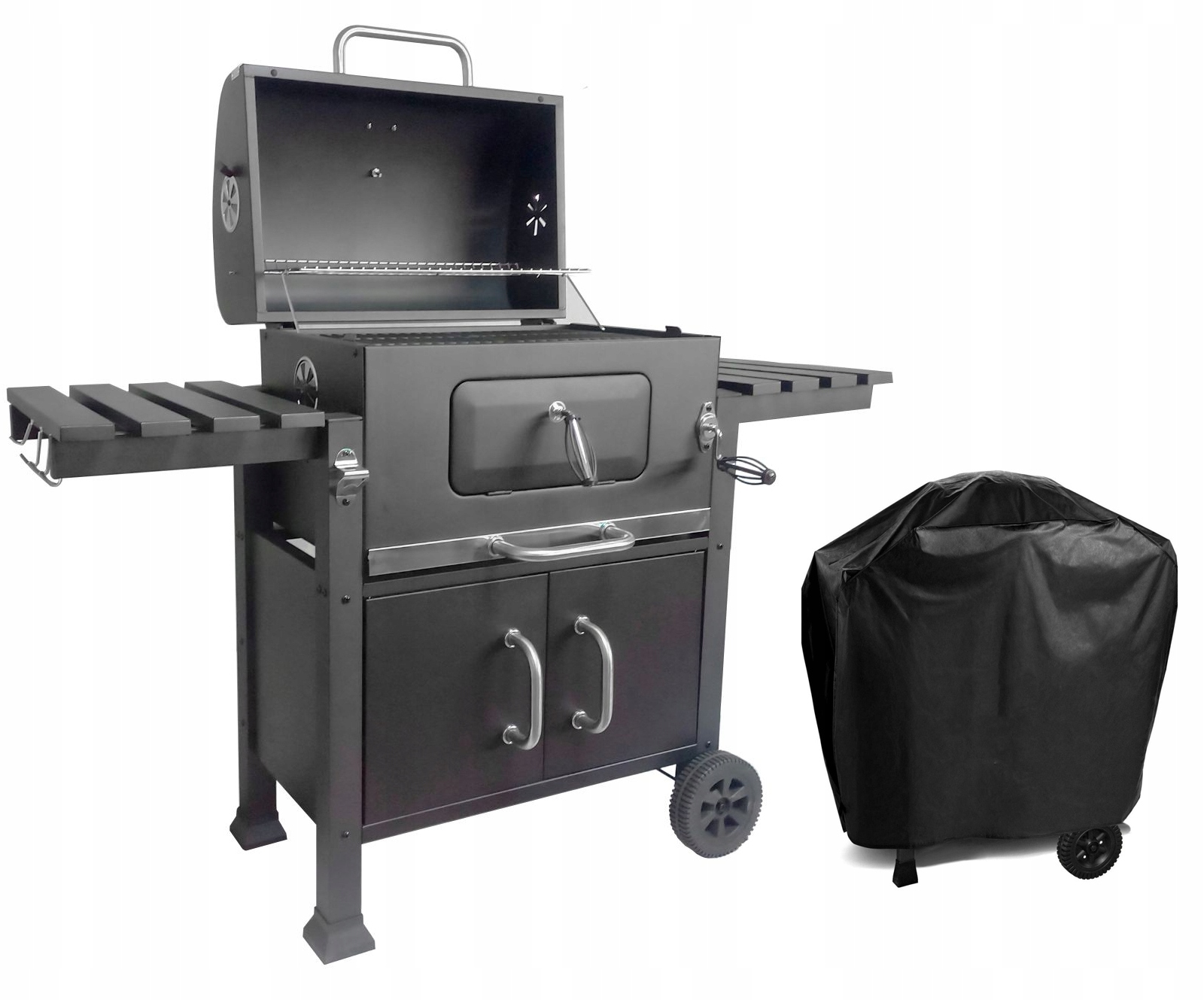 Duży Grill węglowy żeliwny ruszt 138,5x50x107 ogrodowy XXL z pokrywą szafka