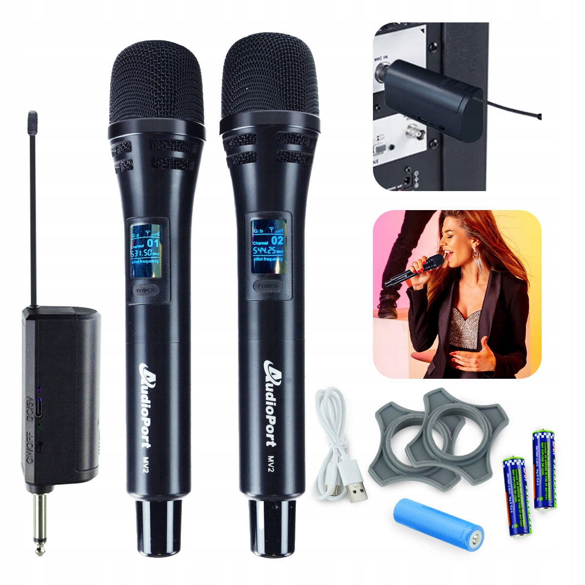 2x Mikrofon bezprzewodowy Uhf doręczny+ odbiornik z baterią P&p Audioport