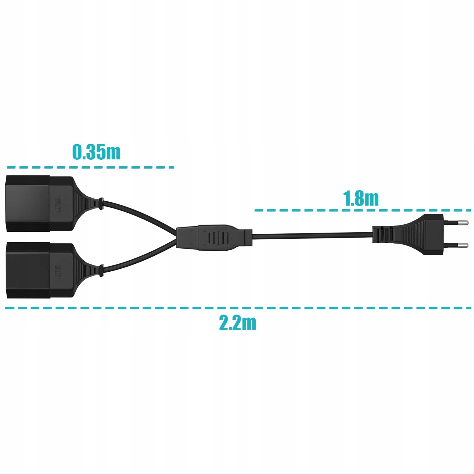 Prodlužovací Kabel 5 m 2v1 Typ C Euro Černý pro Tv Pc lampy pro domácnost a kancelář