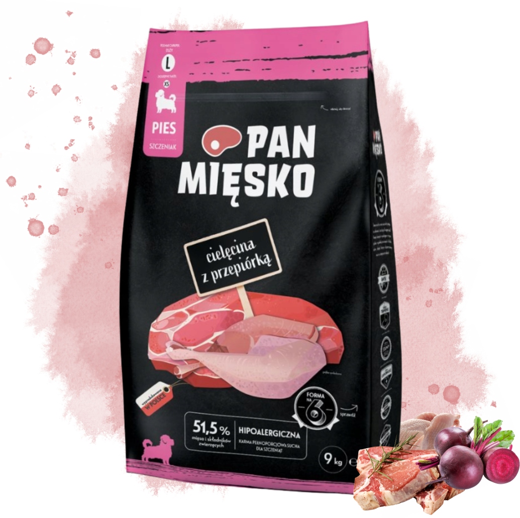 Pan Mięsko Karma Sucha Cielęcina Z Przepiórką Duże Rasy Szczeniak L 9KG