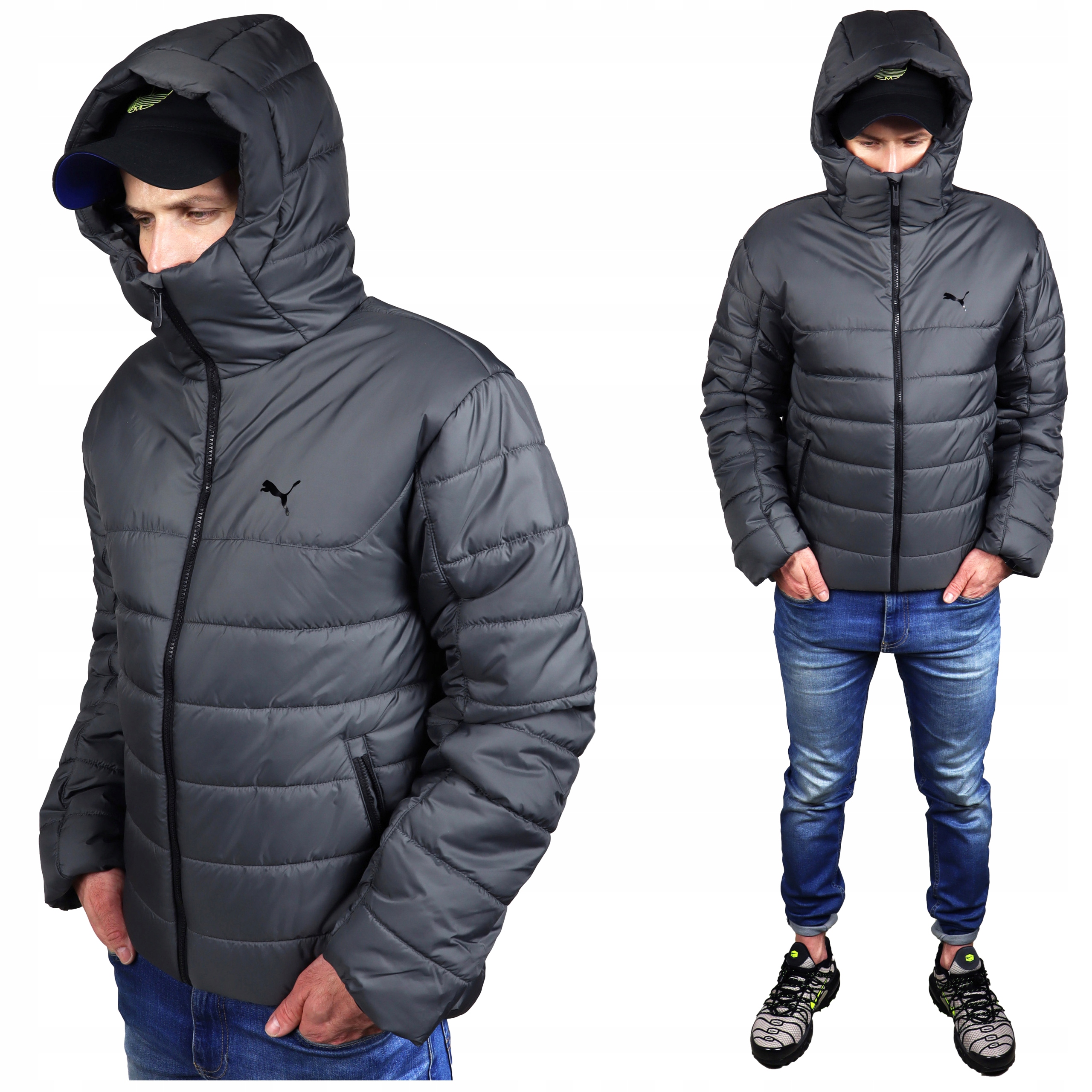 Puma Zimní pánská teplá s kapucí, zateplená, Šedá sportovní péřová bunda