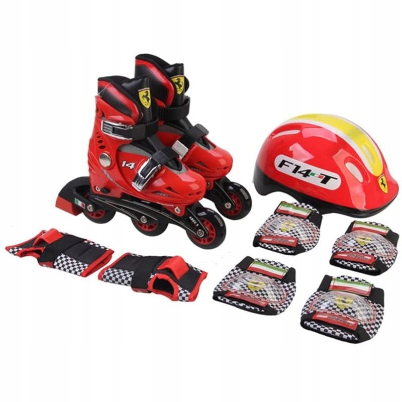 Kolečkové brusle, přilba, chrániče Ferrari