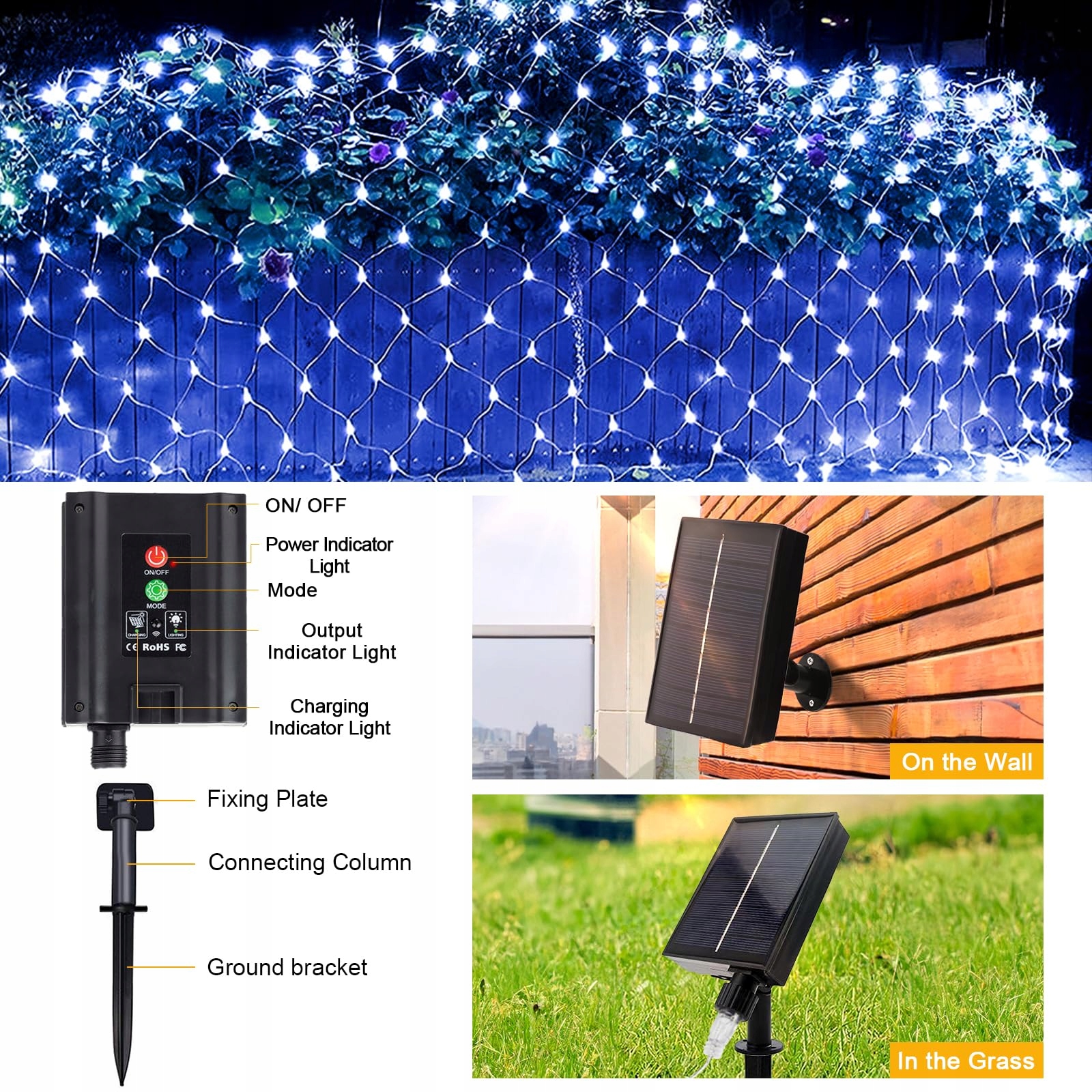GHONLZIN SIATKA ŚWIETLNA SOLARNE LAMPKI GIRLANDA WODOODPORNA 192 LED 2x3m — miniatura 6