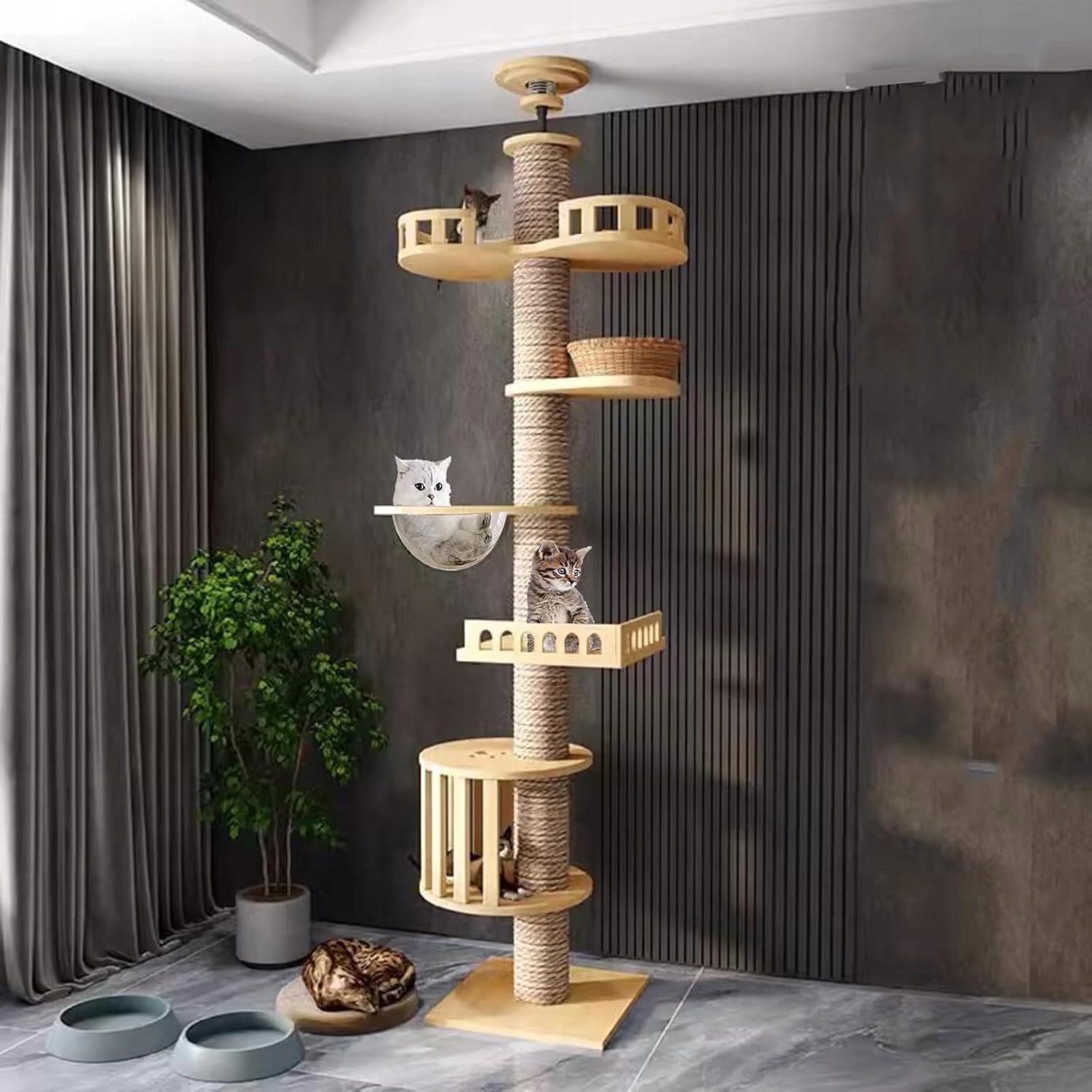 Škrabadlo pro kočky na strop, nastavitelná výška 240-280 cm, sisal, dřevo