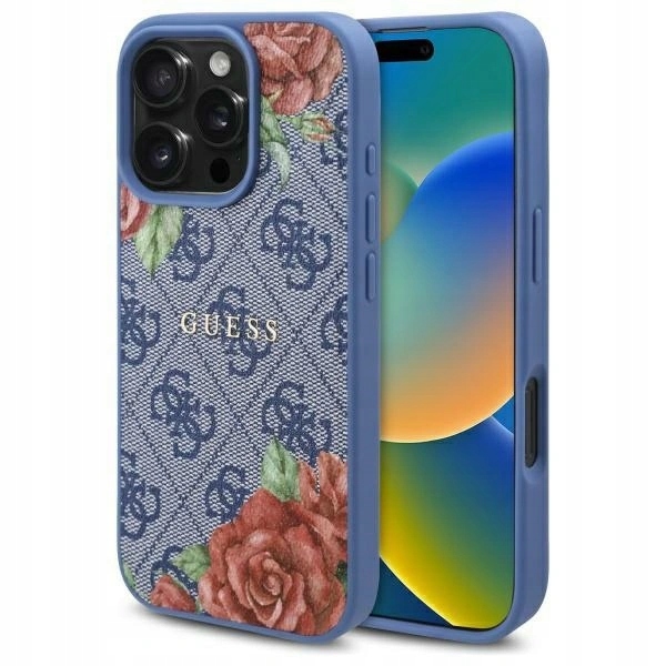 Pouzdro Guess pro Apple iPhone 16 hardcase 4G Flowers Print MagSafe modré