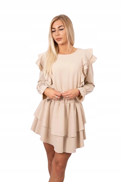 Sukienka z pionowymi falbanami beżowa