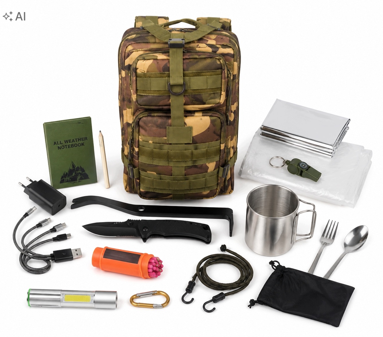 Plecak survivalowy kamuflaż zestaw survival 15 elementów wyposażenia Moro