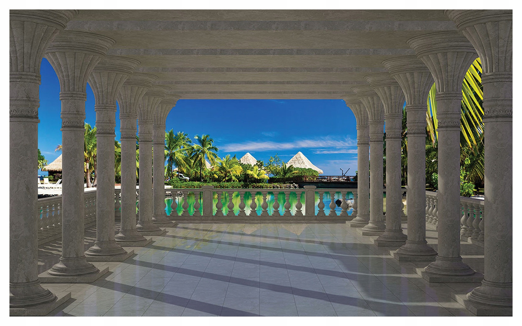 Vliesová fototapeta Arkadia Bungalow Palmy Světle Modrá 254x184 lepidlo