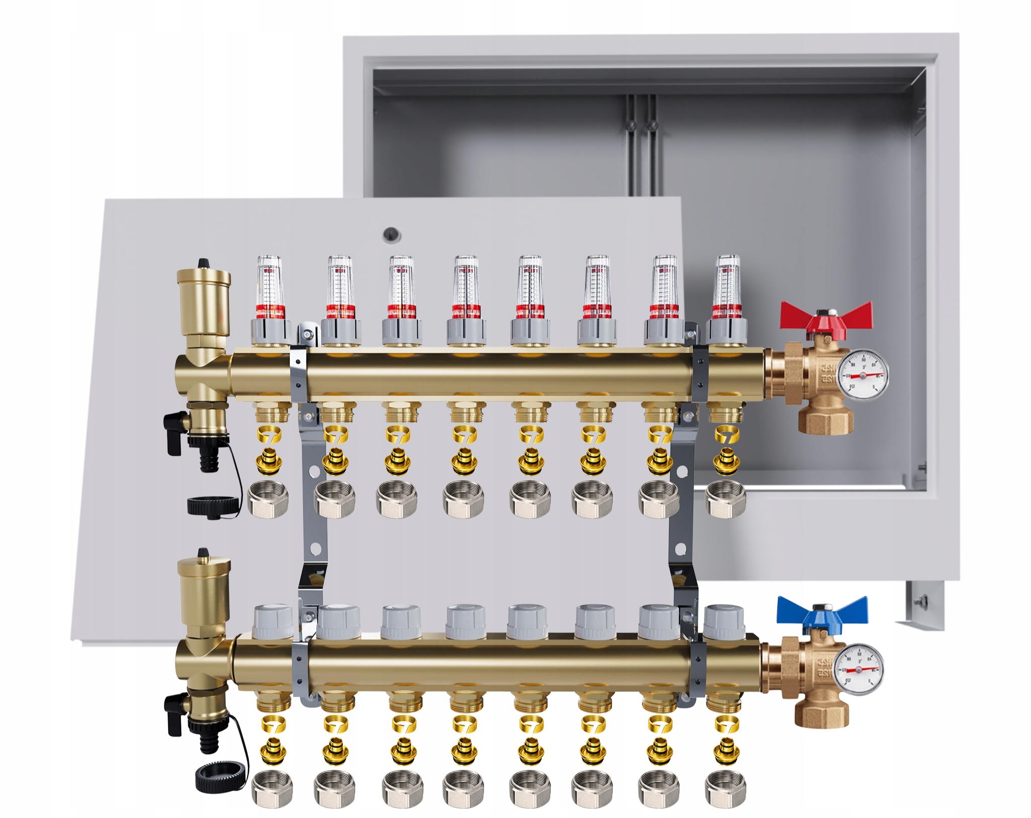 Rozdělovač podlahy 8 okruhů kulové ventily teploměry krabička Pex