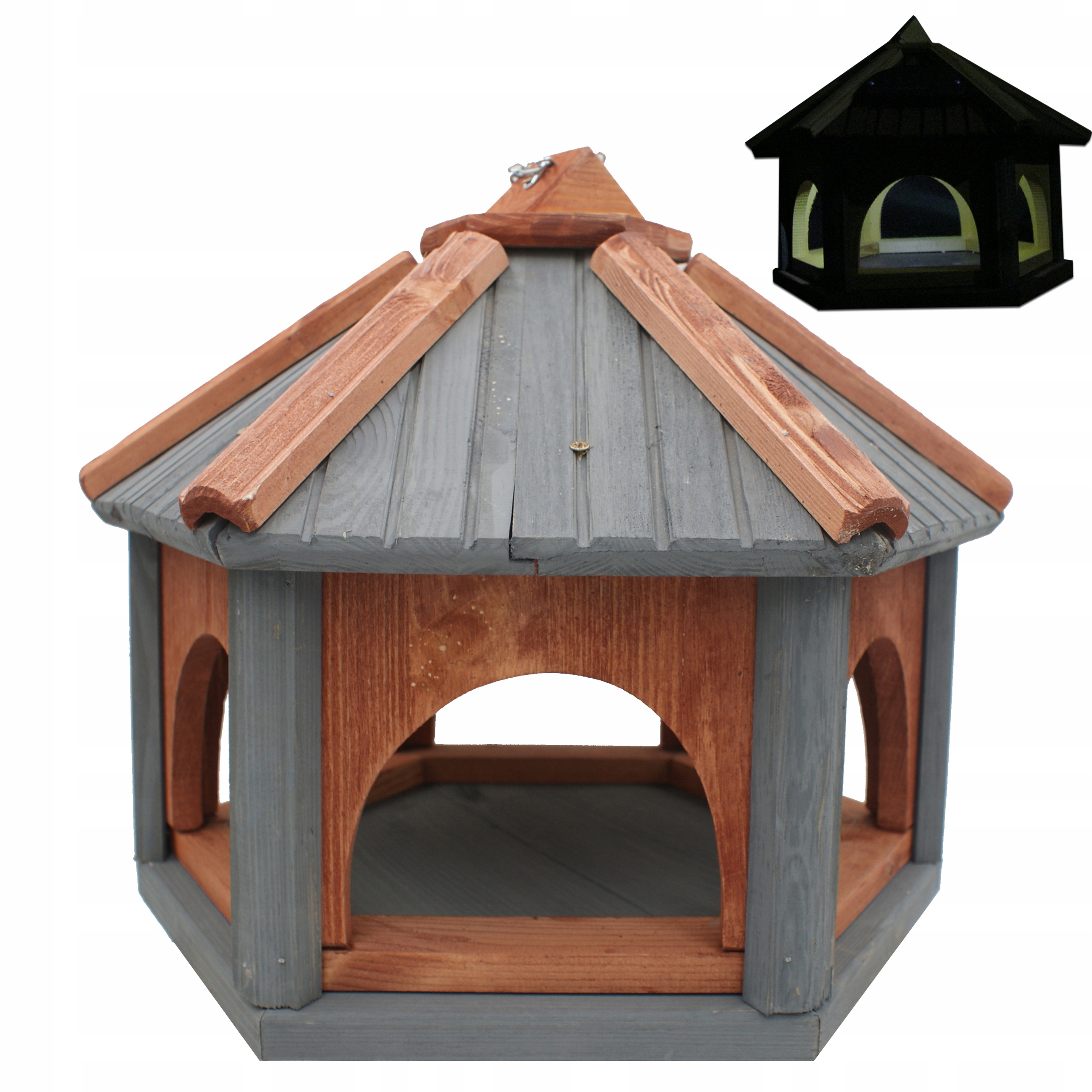 Krmítko pro ptáky ze dřeva, šedé dřevo K40_S s Led solárním osvětlením