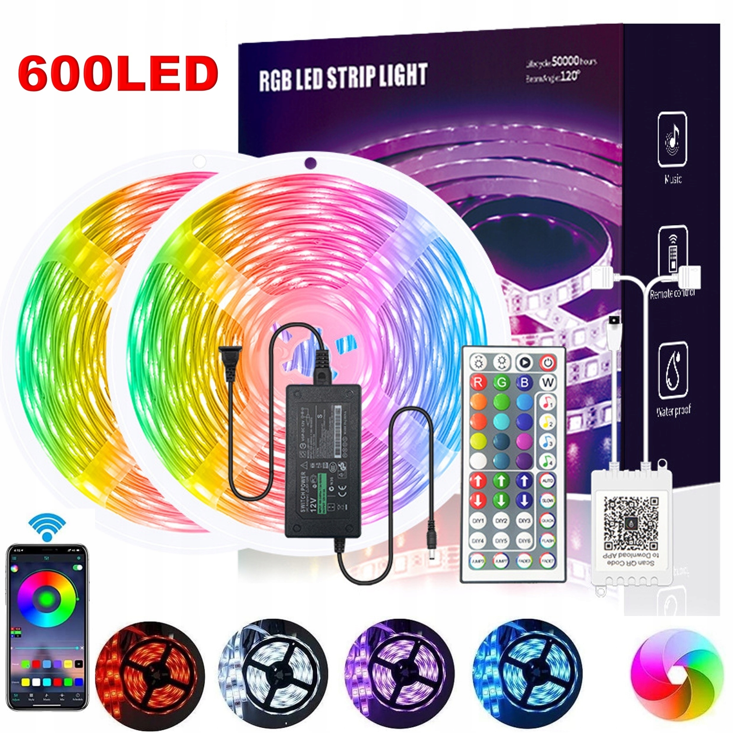BLUETOOTH ZESTAW TAŚMA 10M 600 RGB LED KOLOROWA NA PILOT WODOODPORNA PASEK