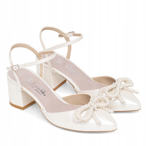 Brilu Polskie Ślubne Perłowe Czółenka Z Ozdobną Kokardą Andora Ivory 40