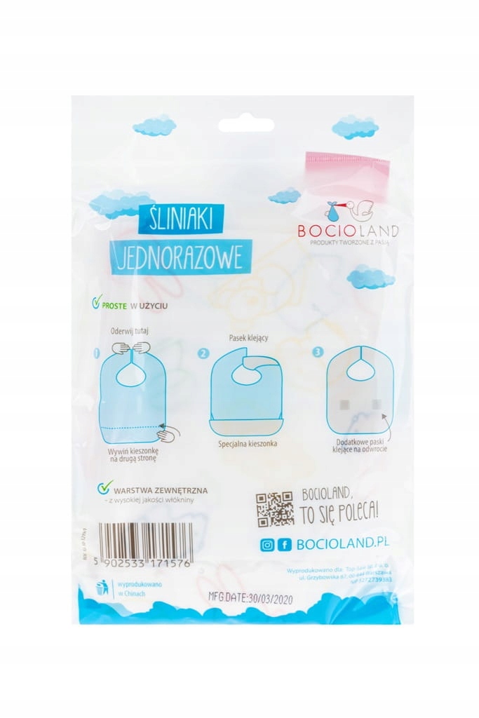 BOCIOLAND ŚLINIAKI ŚLINIACZKI JEDNORAZOWE Z KIESZONKĄ ZAPINANY RZEP 10SZT Stan opakowania oryginalne