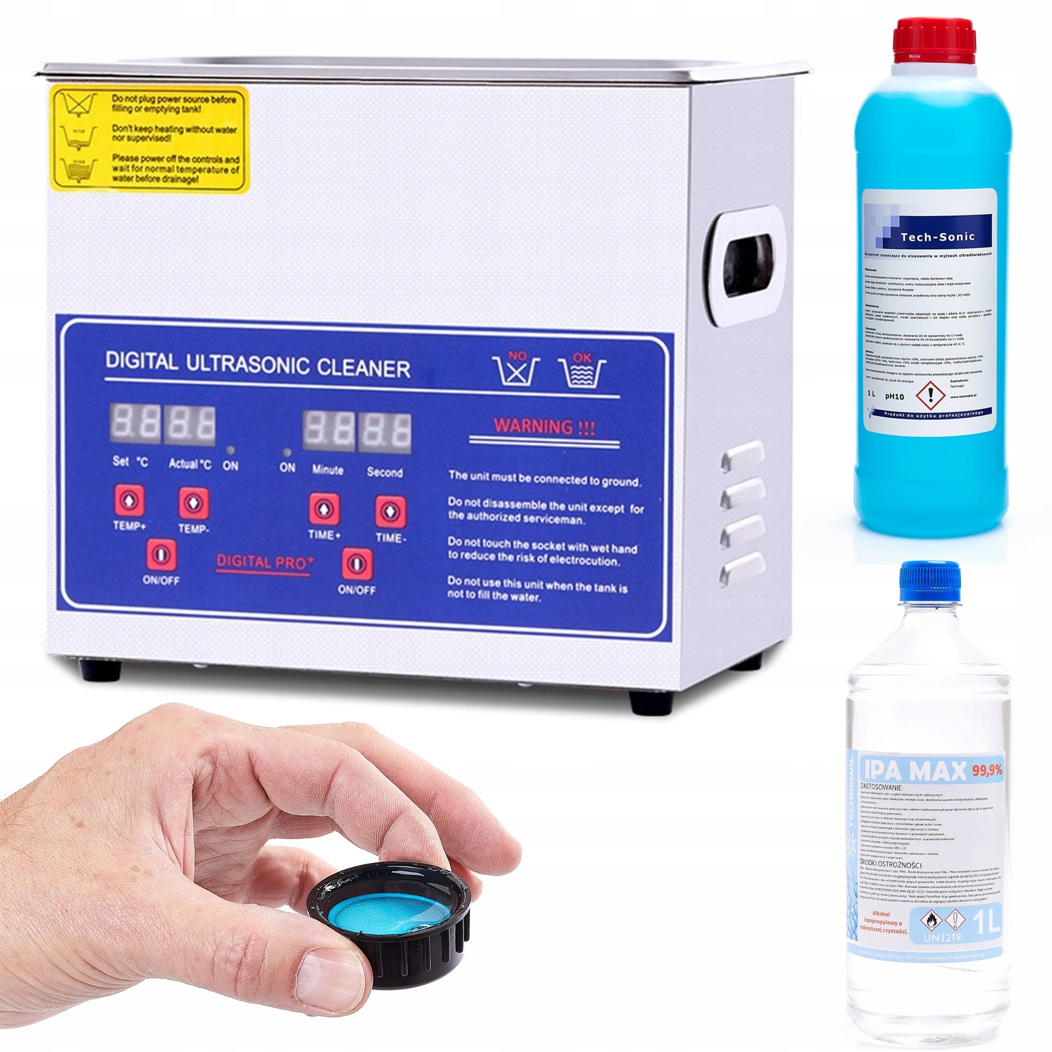 Ultrazvuková Umývačka LCD Vaňa 3,2 L Klenotník Optik Koncentrát 1 L Alkohol Ipa