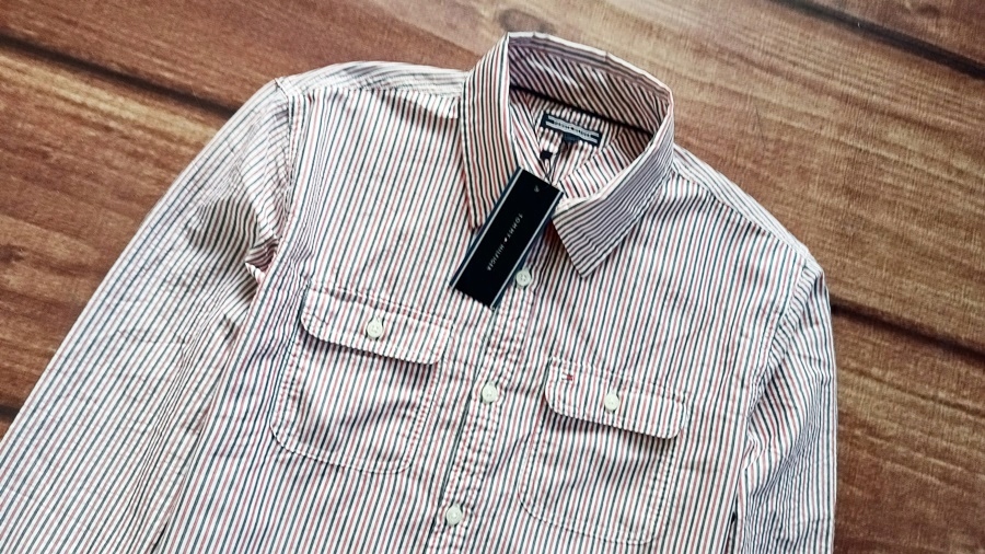 TOMMY HILFIGER Nowa KOSZULA LOGO PASKI 176 cm Rękaw długi rękaw
