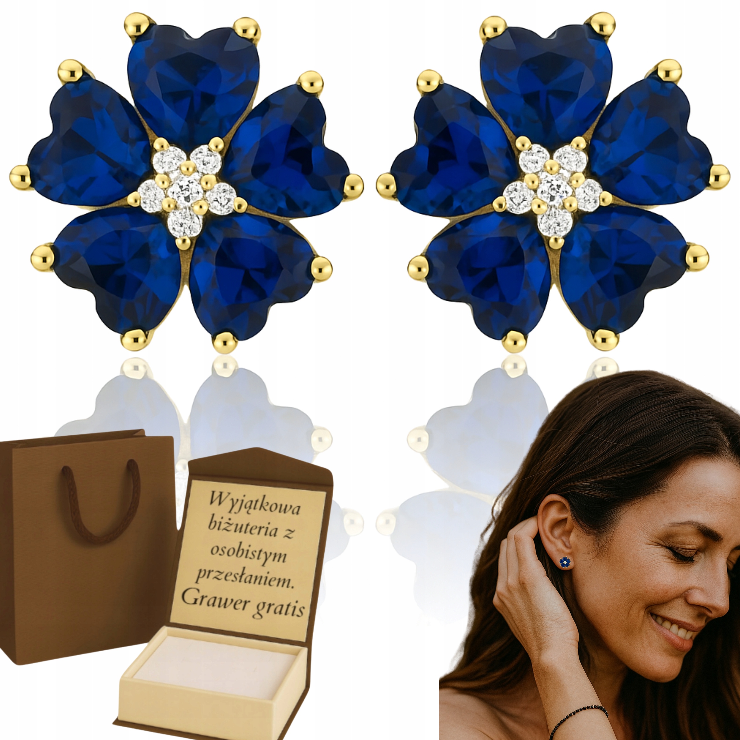 Złote Kolczyki Damskie Kwiat Cyrkonie Niebieskie Pr 92.585 Pozłacane Grawer