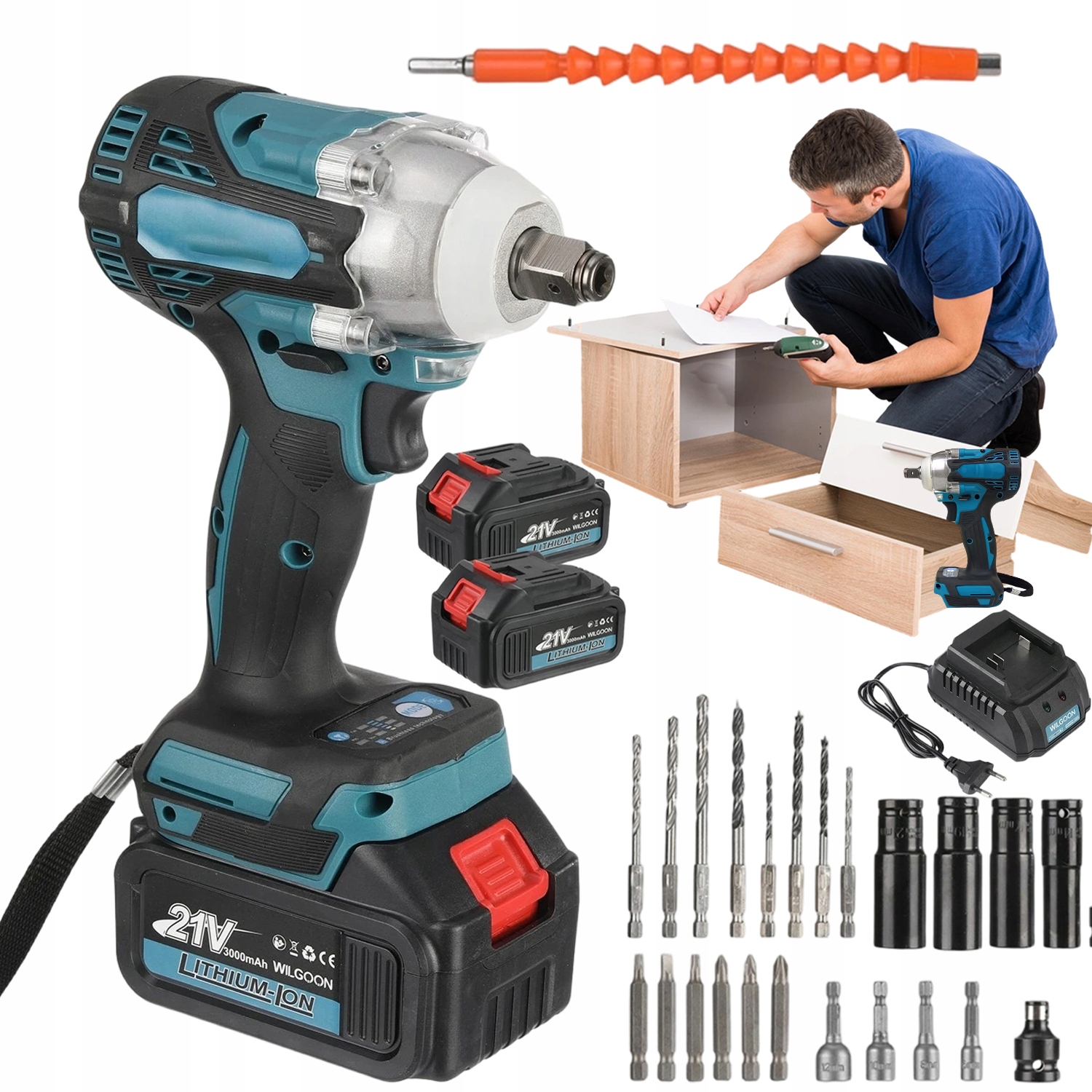 Bezkartáčový Rázový Utahovák 300 Nm 1/2" 2 Baterie Kufr Nástavce Sada