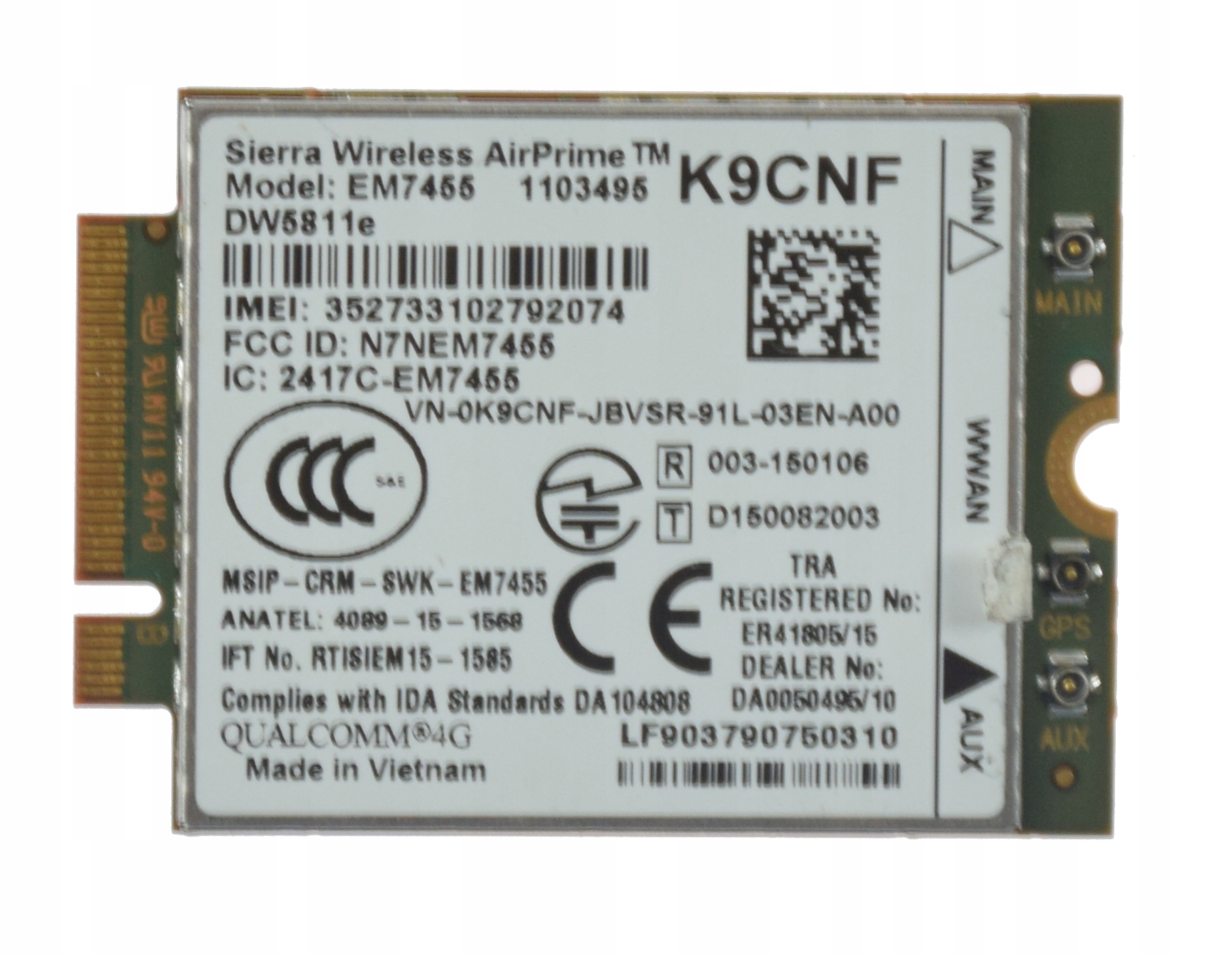 Modemová karta Wwan 4G Lte Sierra Wireless AirPrime EM7455 DW5811e K9CNF od spoločnosti Dell