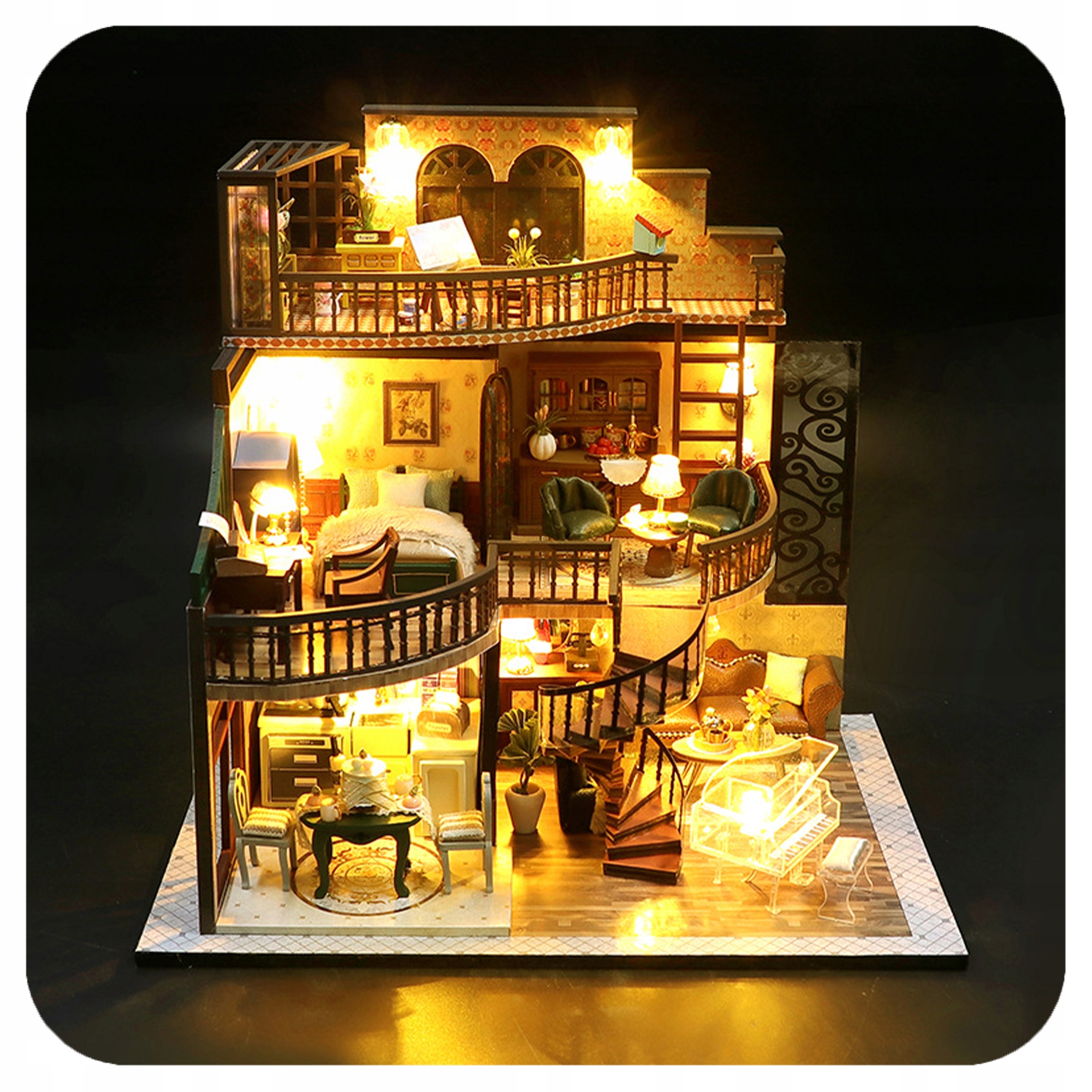 Miniatiūrinis lėlių namelis „Medinis 3d dviejų aukštų pawilon p“ DIY rinkinys su LED apšvietimu, 24 × 17 × 23,5 cm nuotrauka 5