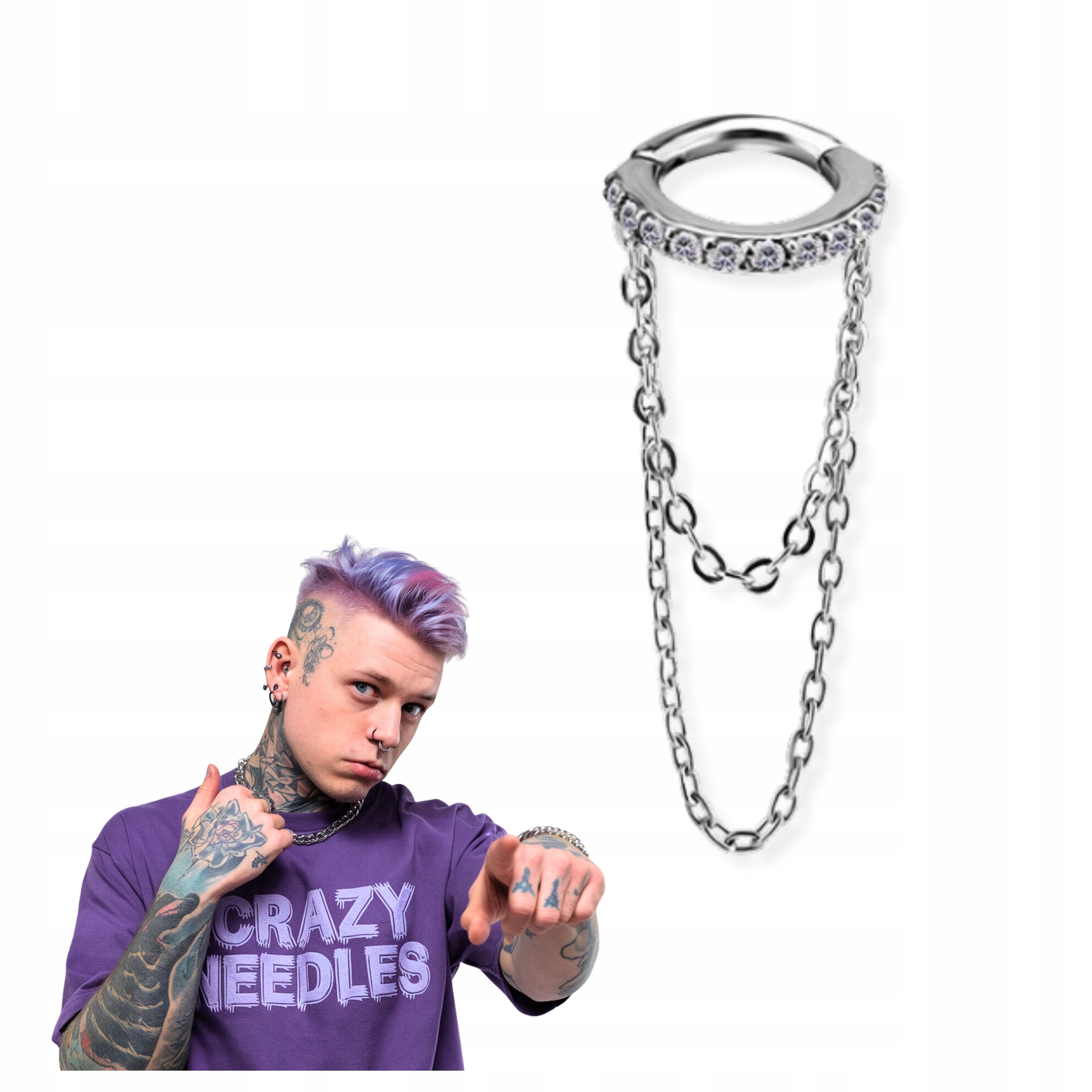 Náušnice kolečko clicker ozdobný řetízek premium zirconia 1.2/6 mm
