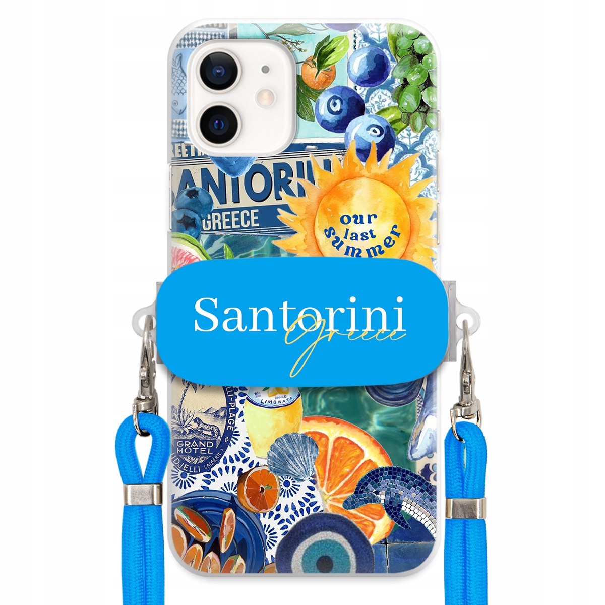 Pouzdro pro iPhone 12 Modré Crossbody vodítko Držák Santorini Sea Vibes