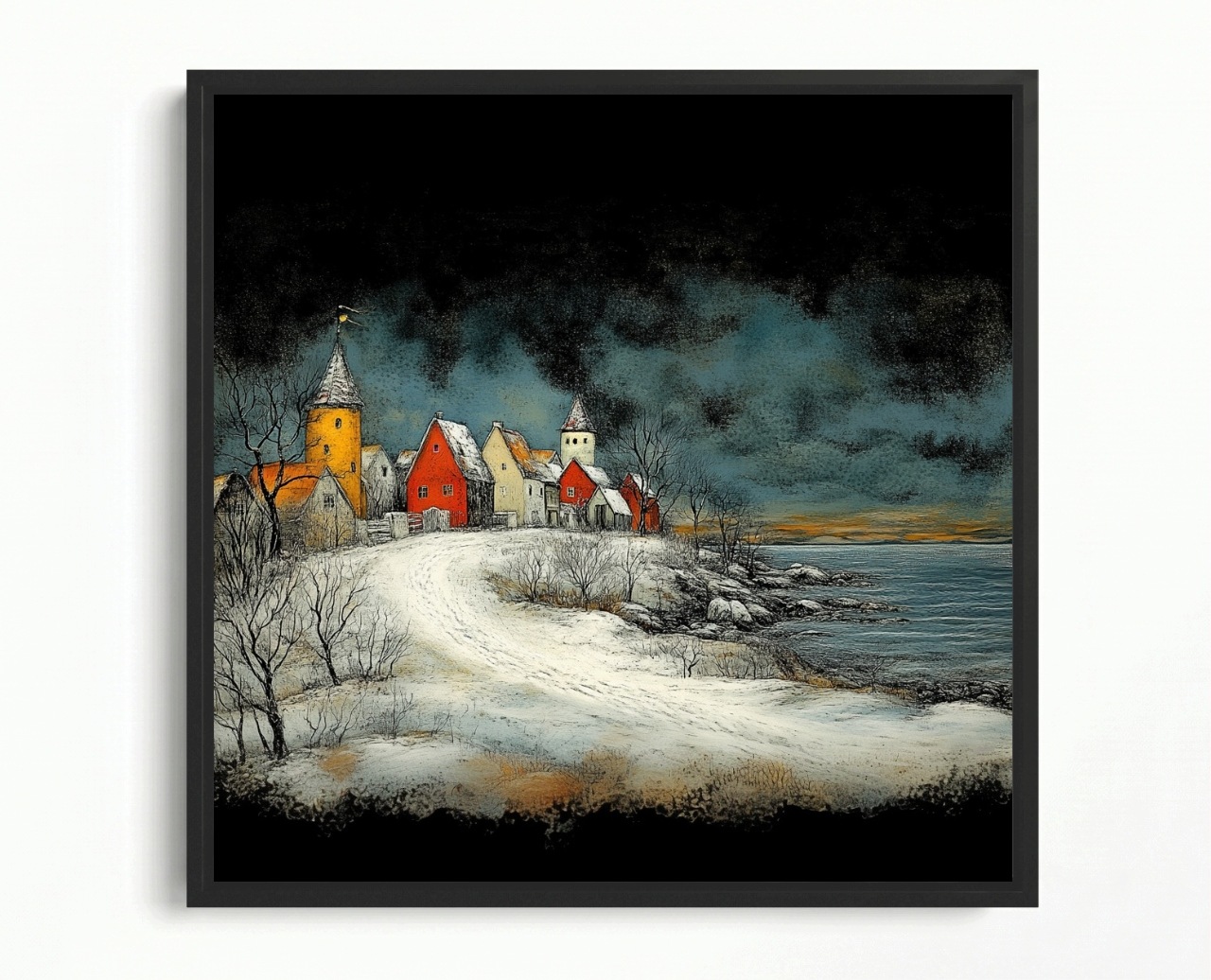 Obraz Rám Americký Box Grafika Krajina Pobřeží Moře Město Večer 40x40