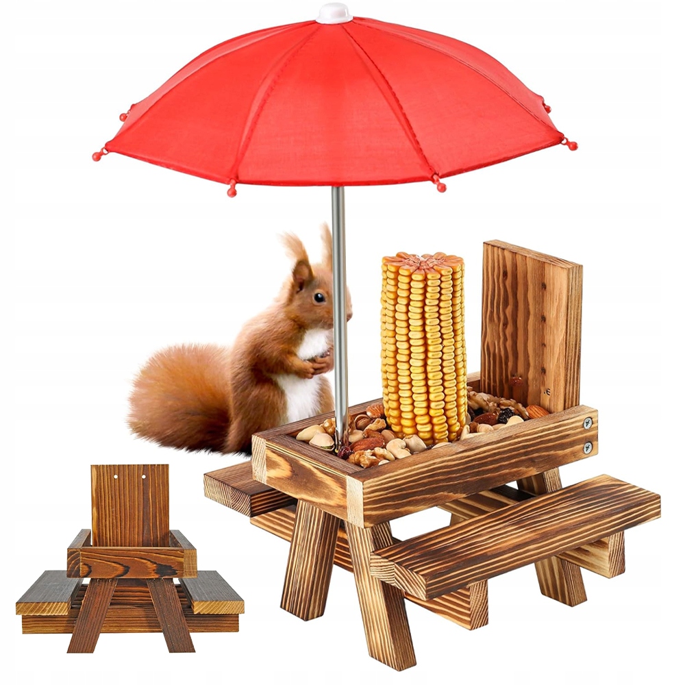 Levně Dřevěné Krmítko Pro Veverky S Deštníkem A Držákem Na Kukuřici
