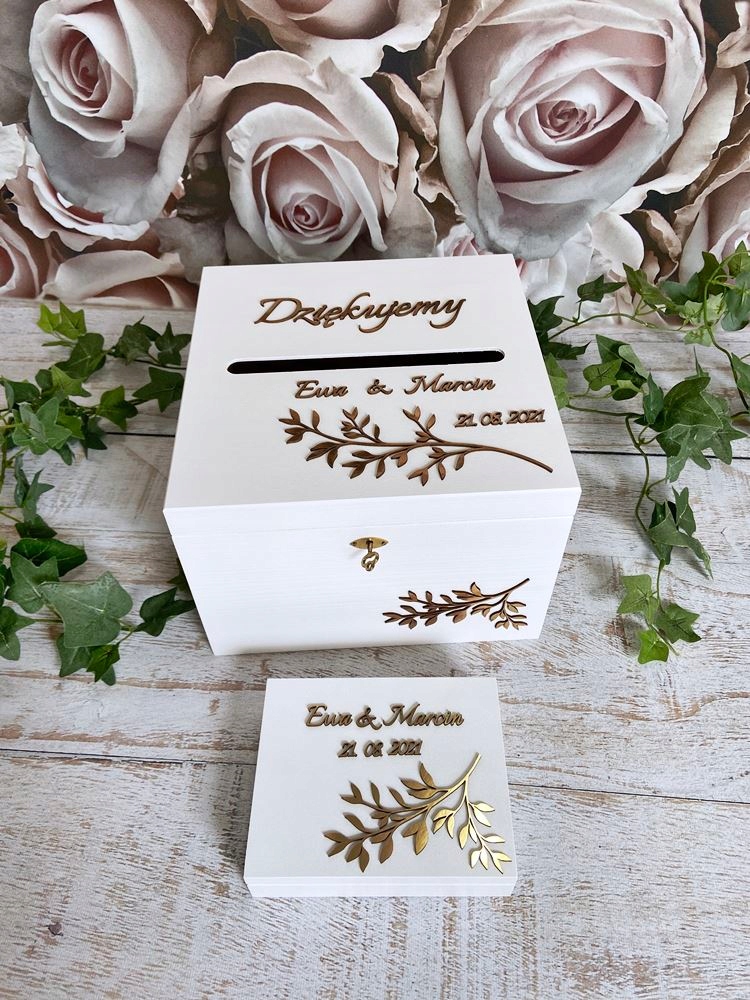 Svatební sada krabička na obálky a snubní prsteny, personalizované větvičky