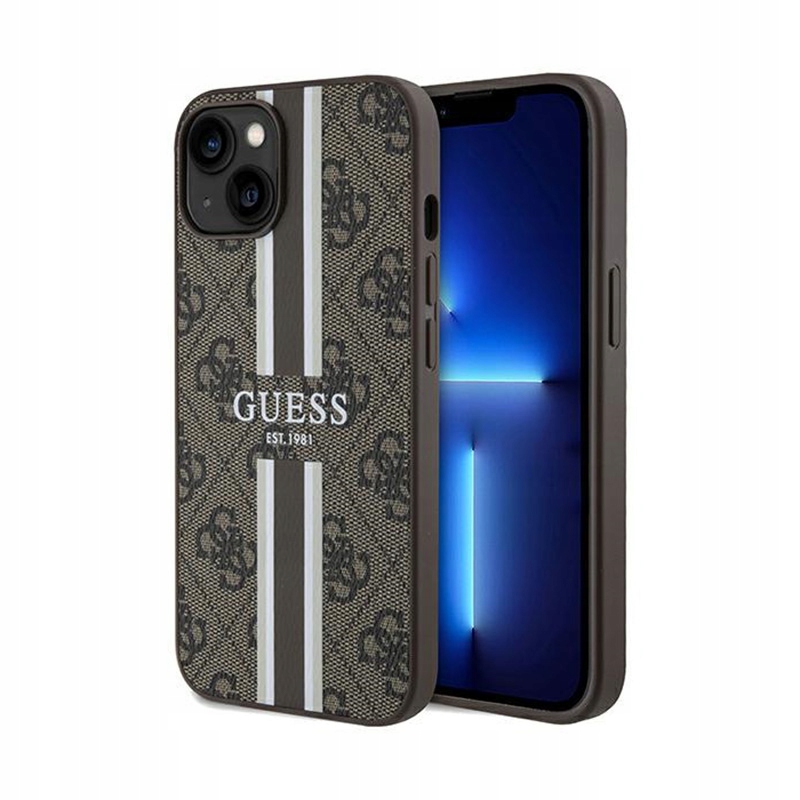 Guess 4G Printed Stripes MagSafe – Pouzdro pro iPhone 15 (hnědé)