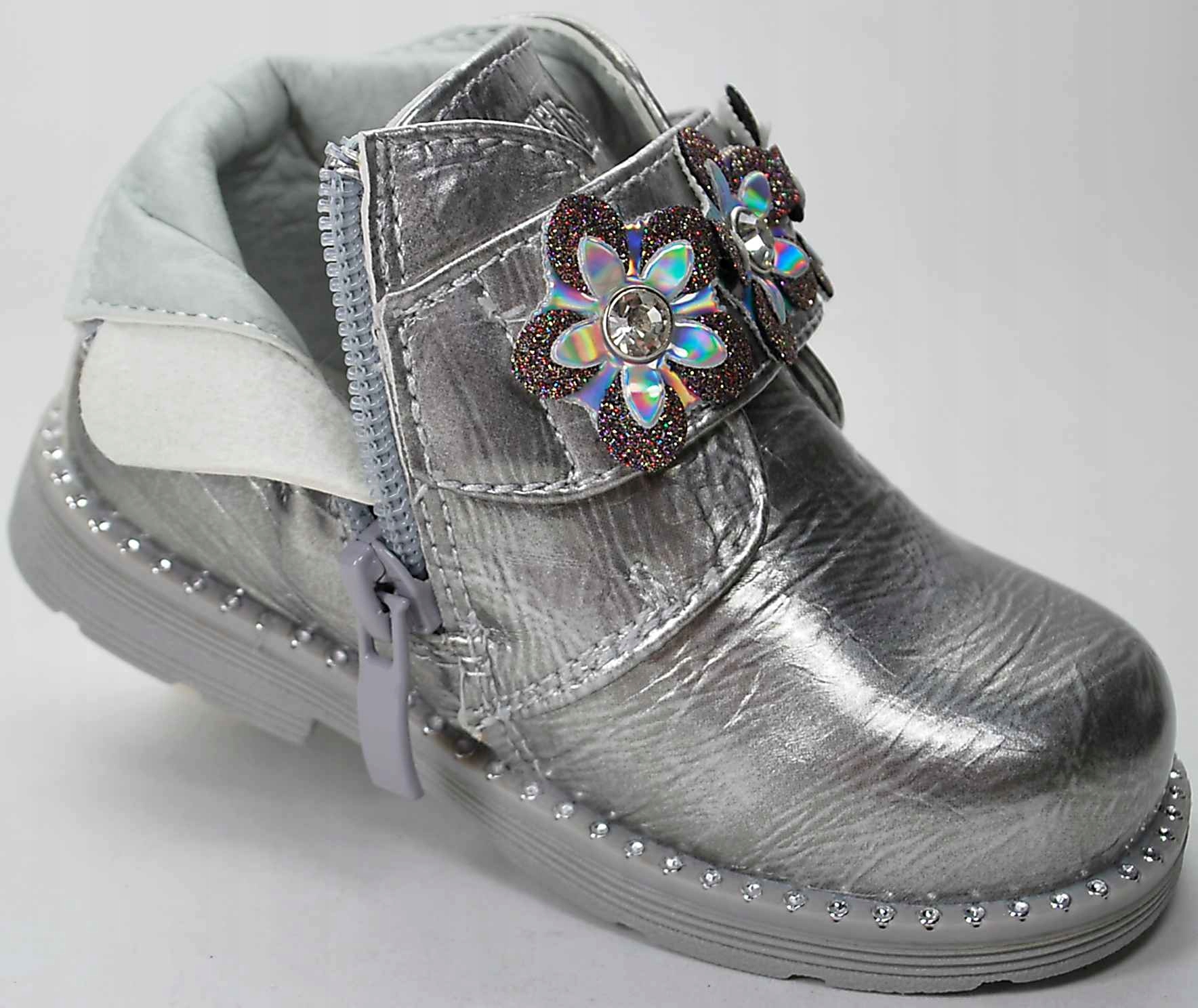 SREBRNE BOTKI na rzep, wkładka profilowana ze skóry naturalnej r 23 Płeć dziewczynki