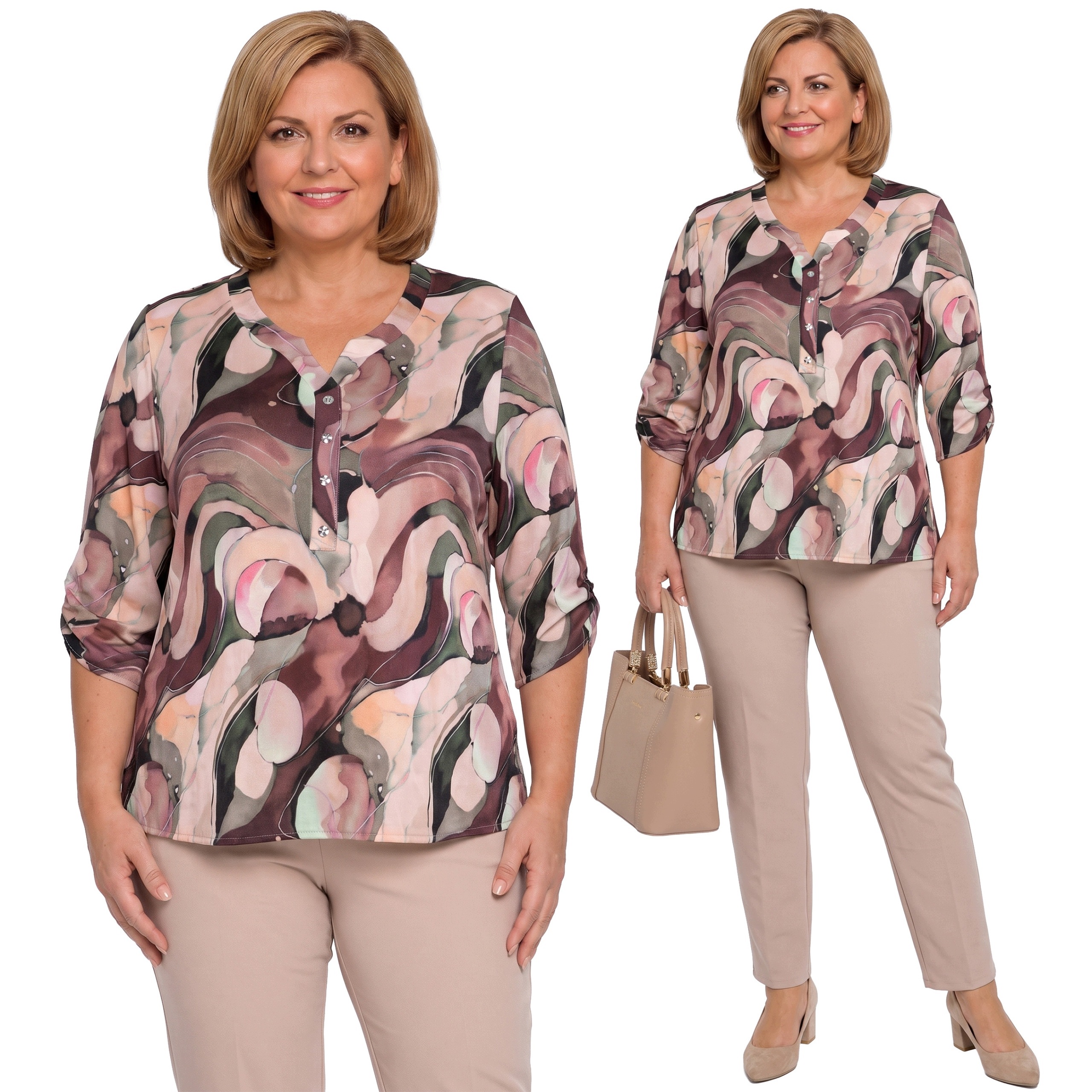 Teplá halenka s hnědozelenými vzory plus size velikost 58