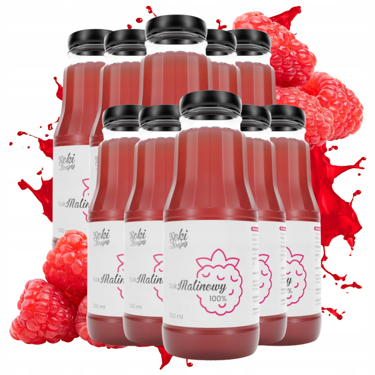 Sok malinowy 100% Zestaw 10 sztuk 300ml w butelce tłoczony Nfc