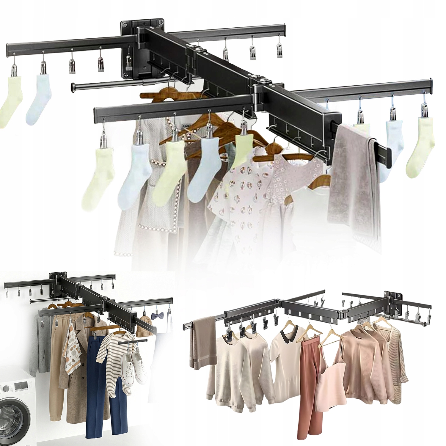 Levně Nástěnný Roztahovací Věšák S Klipy, Skládací, Montáž Neinvazivní, Černý