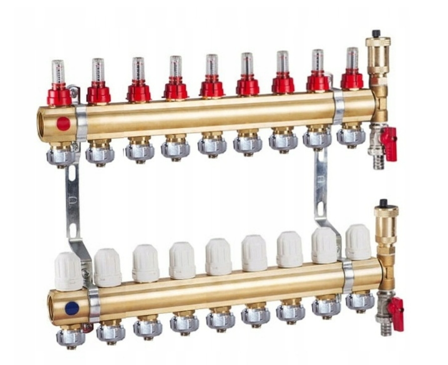Rozdělovač 9 sekcí obvodů pro podlahovou krytinu s euroconusovými rotametry