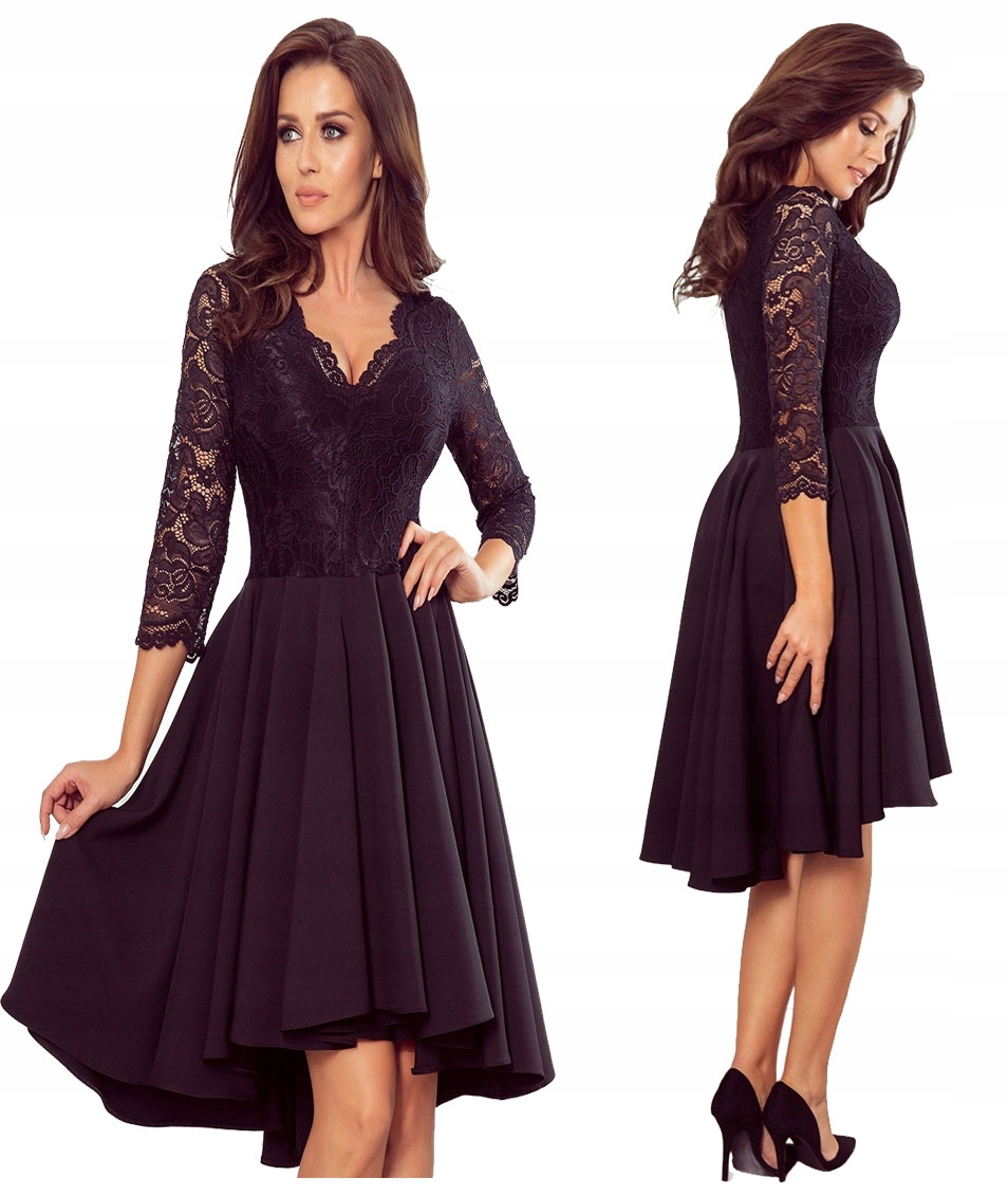 Asymetrické Šaty S Krajkovým Výstřihem A Delší Zadní Částí, Černá 3XL