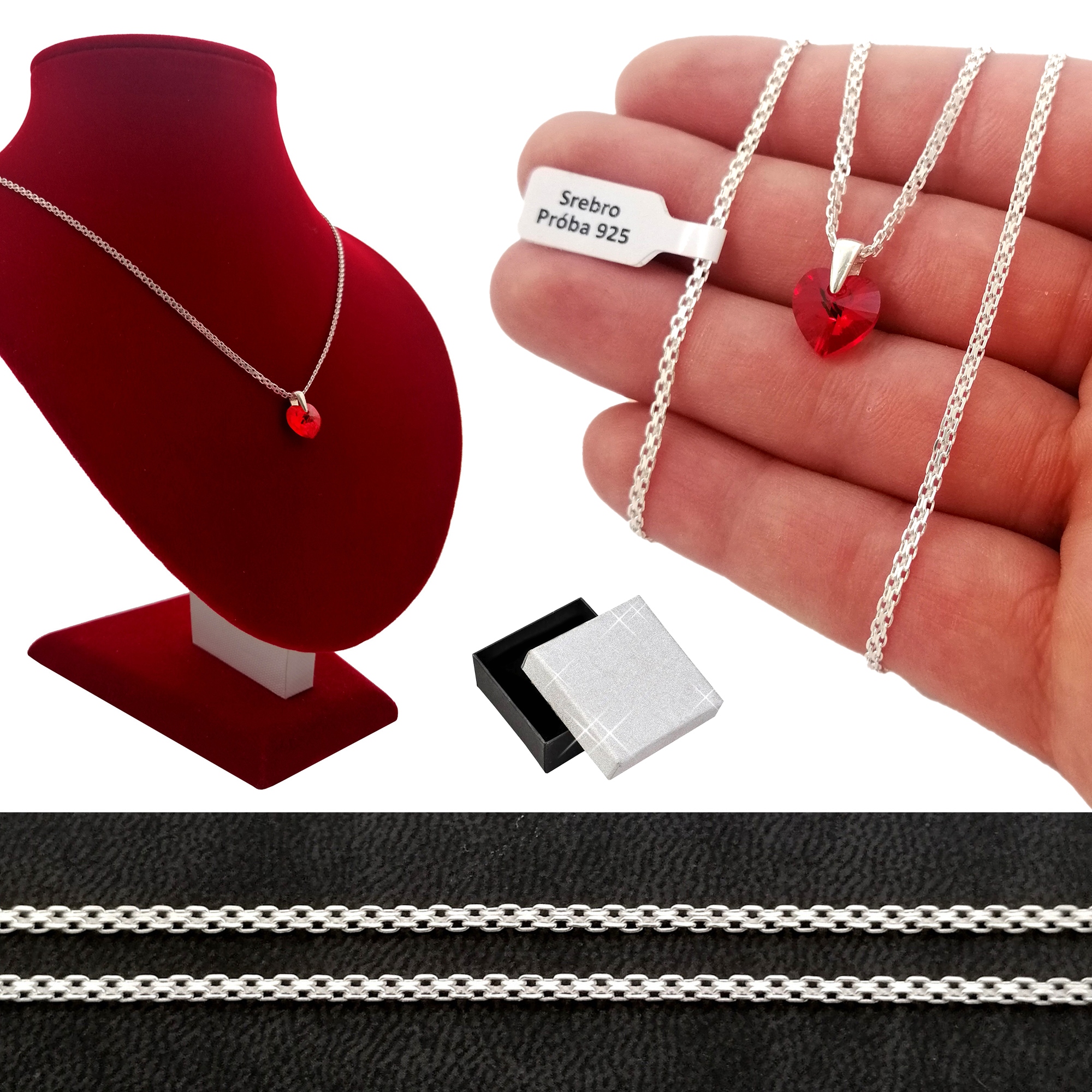 

Srebrny Łańcuszek Bismark + Serce Swarovski PR.925