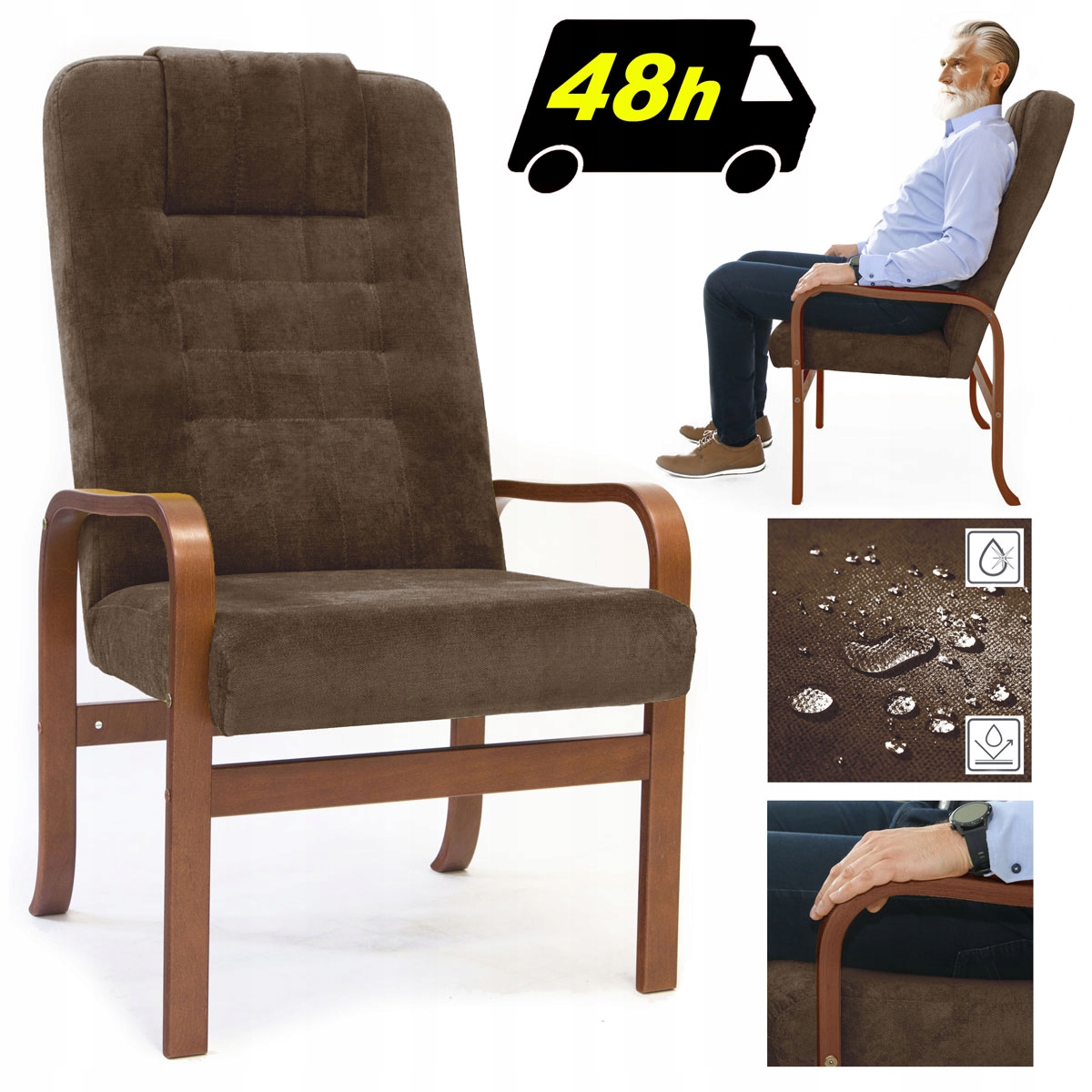 FOTEL GRANDE DLA SENIORA BRĄZ FINKA DO SALONU DO PRZEDPOKOJU DO POKOJU 48h