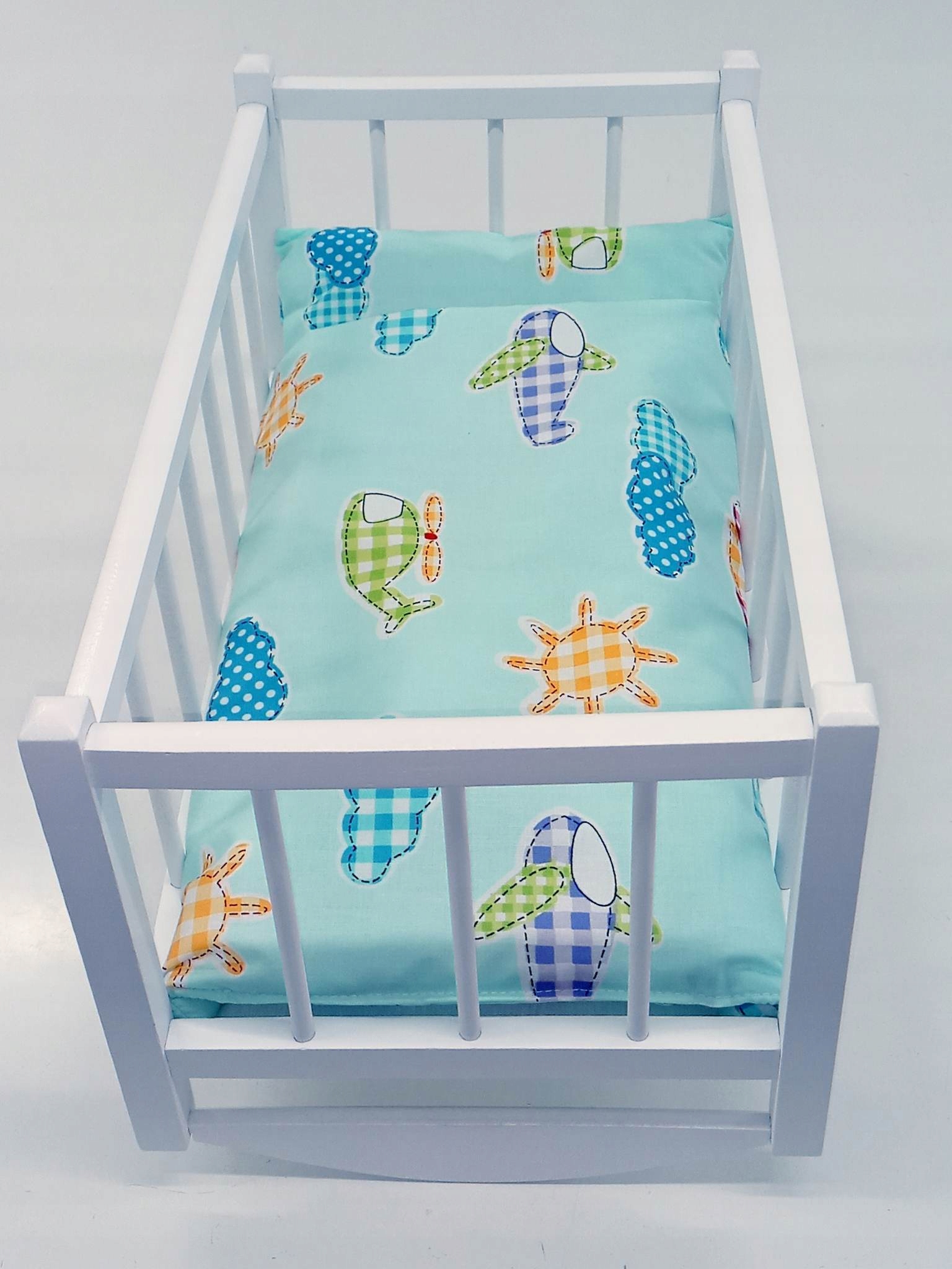 KOŁYSKA DLA LALEK BIAŁA DREWNIANA + POŚCIEL 3el