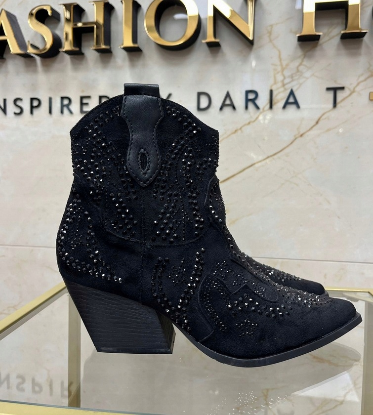 Dámské Kotníkové Boty Kovbojské Boty S Ozdobnými Kameny Ve Stylu Western Černé 41