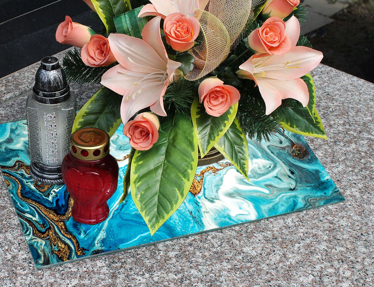 Podstawka na CMENTARZ pod ZNICZE Szkło Hartowane POMNIK 52x30cm MARMUR Motyw inny