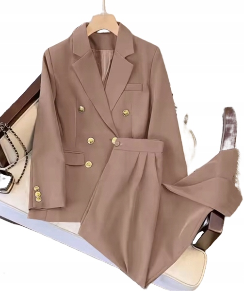 MD dámský béžový oblek elegantní obchodní komplet sako kalhoty S/36