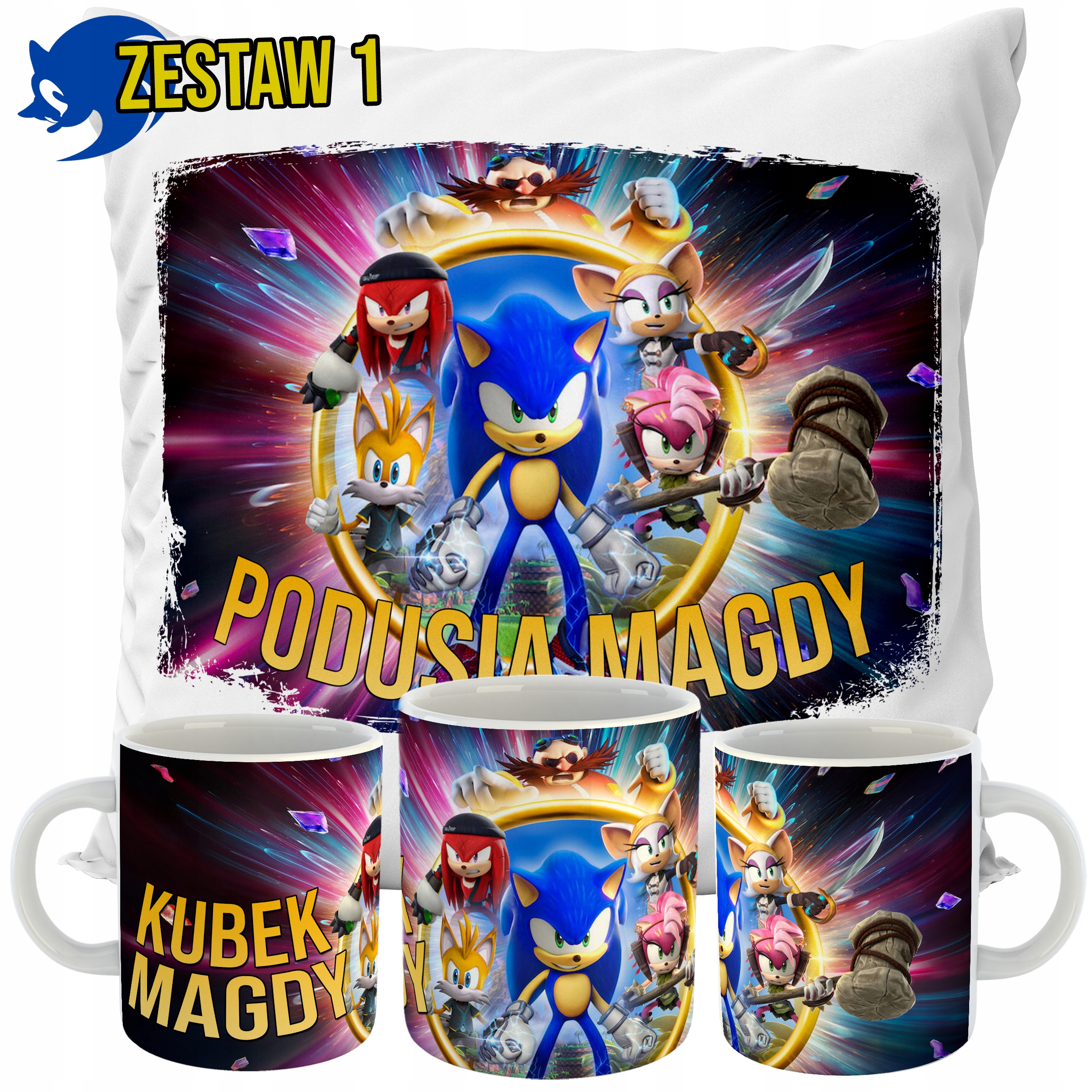 ZESTAW KUBEK + PODUSZKA SONIC THE HEDGEHOG + IMIĘ PREZENT Marka inna marka