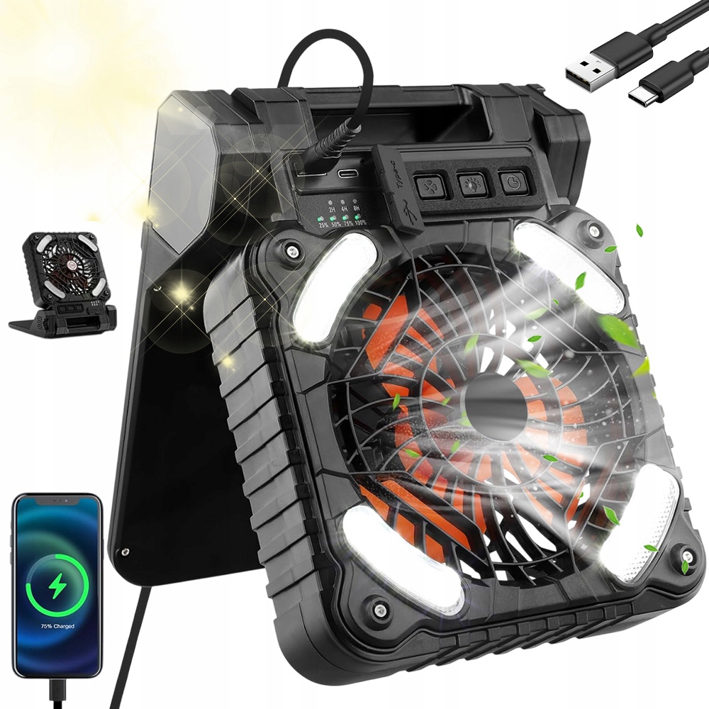 Solární Přenosný Kempingový Ventilátor Led 4 Rychlosti Větru