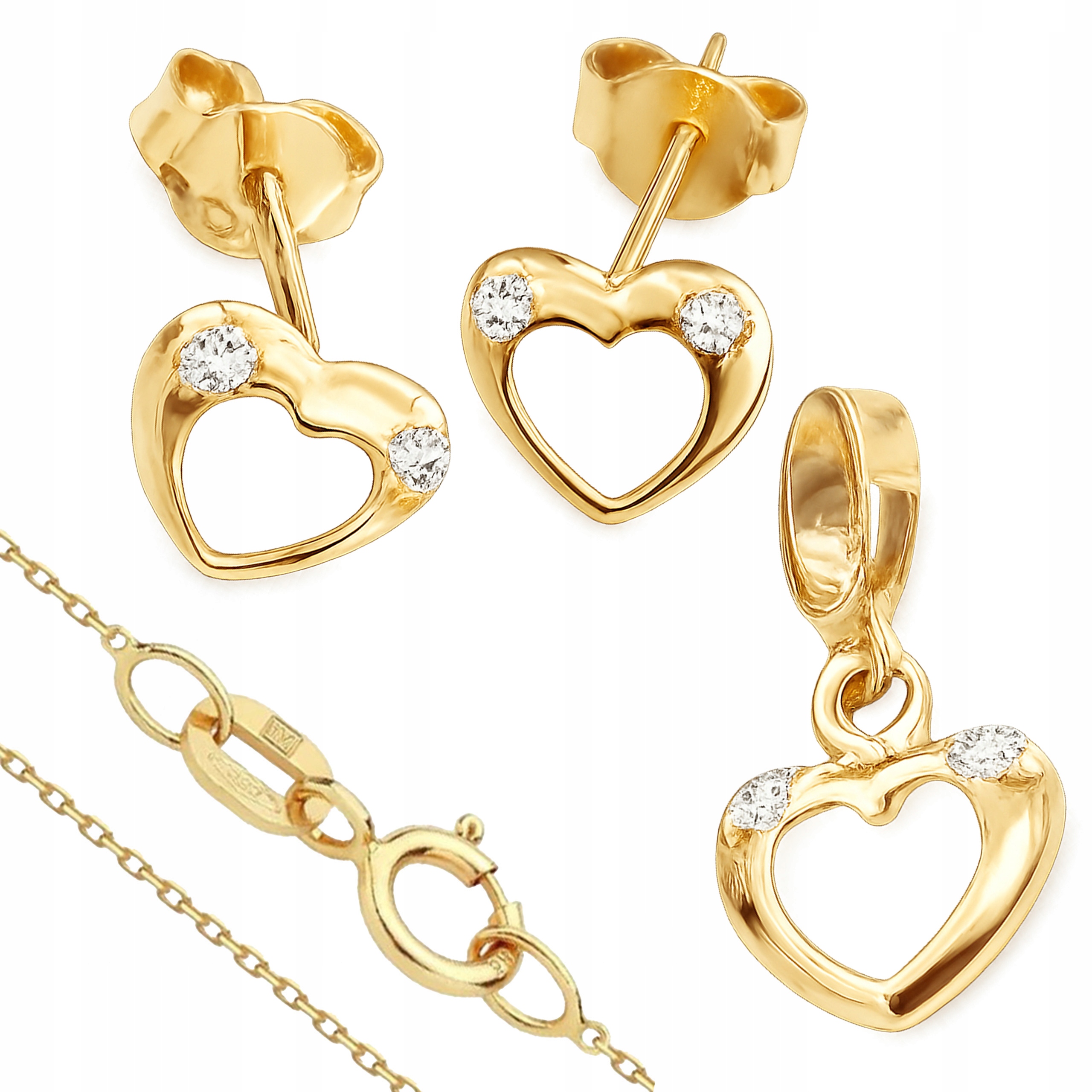 Dámský zlatý komplet 585, přívěsek, náušnice, řetízek, srdce k Valentýnu
